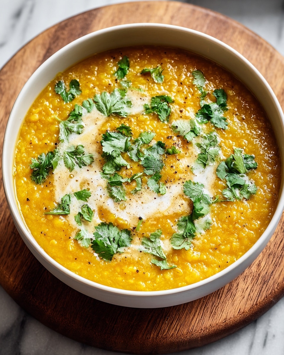 A close-up of a thick orange-yellow lentil dish in a white bowl, with a creamy texture and tiny lentil pieces visible throughout, topped with a swirl of white cream and a generous pile of fresh green chopped cilantro spread mostly in the center and scattered around. The bowl sits on a wooden round board against a white marbled texture background. photo taken with an iphone --ar 4:5 --v 7