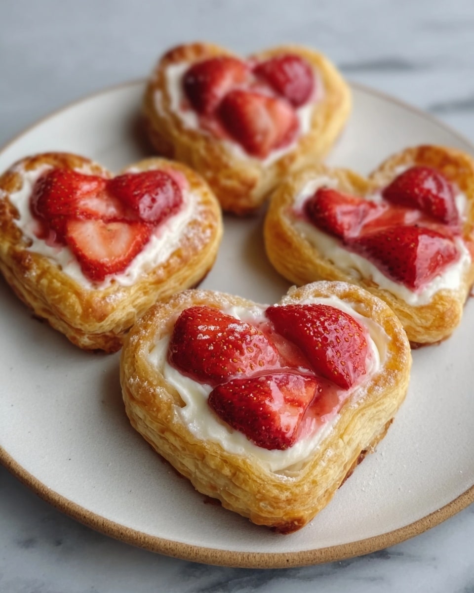 The image shows four heart-shaped pastries on a wooden board placed over a white marbled surface. Each pastry has two layers: the bottom layer is a golden brown puff pastry with a flaky texture, and the top layer is filled with a pink cream that looks smooth and slightly glossy. On top of the cream, there are several fresh red strawberry slices arranged in a small pile, adding bright color and juicy texture to the pastries. Photo taken with an iphone --ar 4:5 --v 7