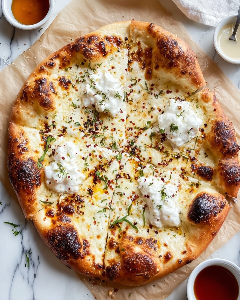 A pizza with a thick, golden-brown crust that is slightly charred in spots, showing a bubbly texture. The top has a base of melted white cheese, evenly spread, with dollops of soft, white ricotta cheese placed in a scattered pattern. Small bits of green herbs and coarse black pepper are sprinkled over the cheese, adding color and texture contrast. The pizza is on a piece of parchment paper placed on a white marbled surface. Nearby are small white bowls filled with light and dark sauces. Photo taken with an iphone --ar 4:5 --v 7