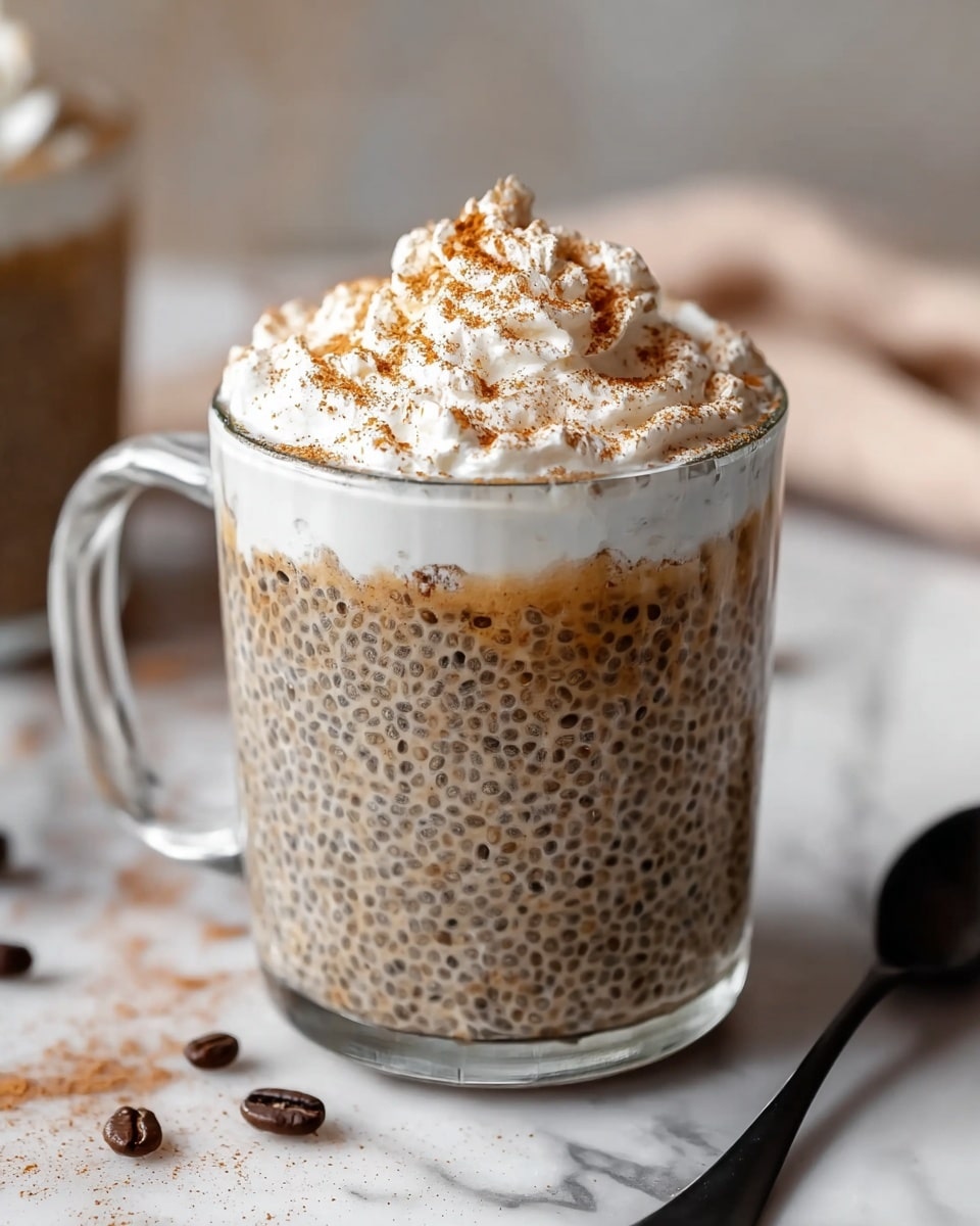 A clear glass cup shows a chia pudding with tiny black chia seeds spread evenly through a creamy beige base. On top, a thick swirl of white whipped cream is dusted with light brown cinnamon powder, adding texture and color contrast. The cup sits on a white marbled surface, next to a black spoon. The background is softly blurred, showing parts of another glass of pudding and a white mug. photo taken with an iphone --ar 4:5 --v 7