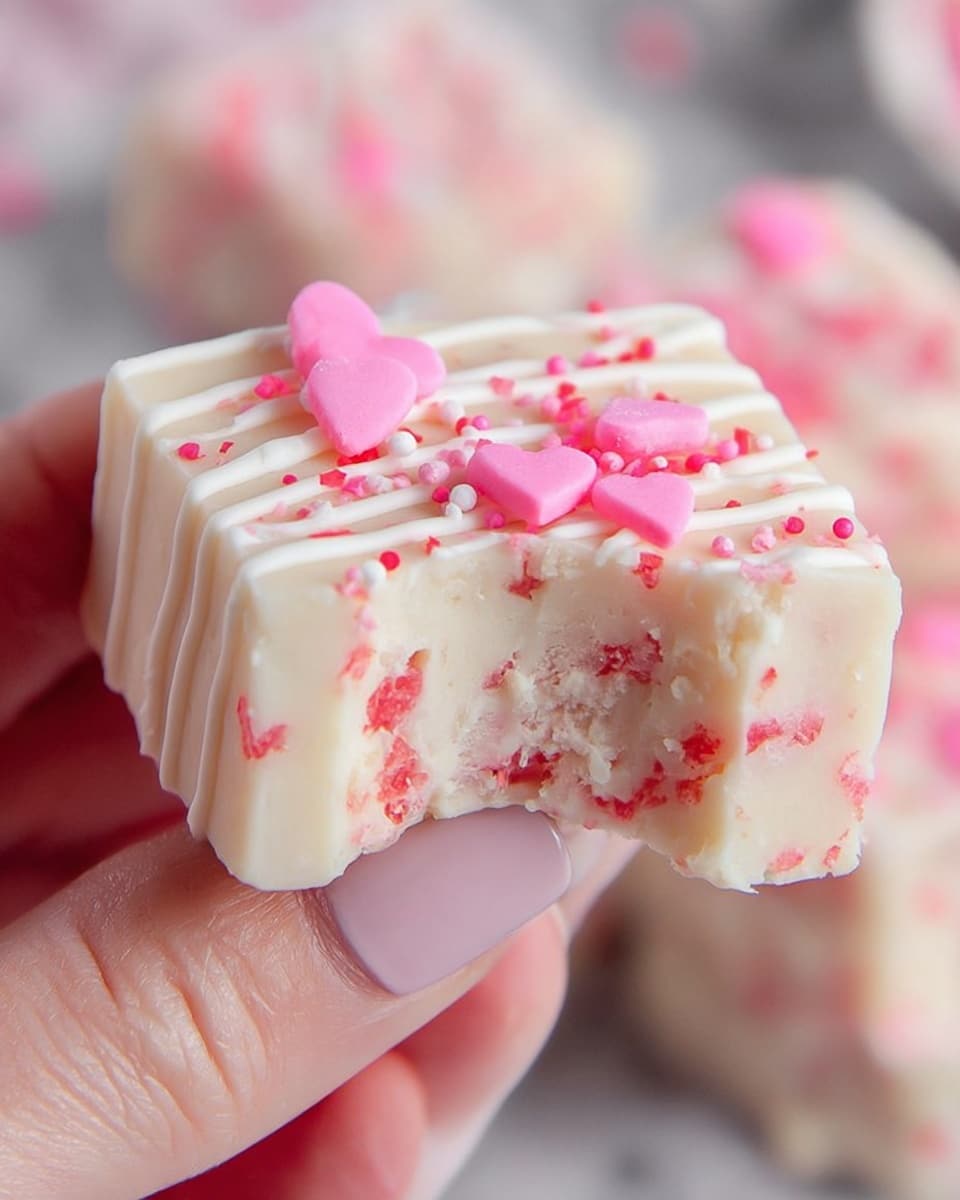 A close-up image shows a white fudge square with a bite taken out of it, held by a woman's hand with neatly manicured nails painted in a light pink shade. The fudge has a smooth, creamy texture with small red and pink sprinkles inside and on top. It is decorated with thin white icing lines drizzled across the top, along with larger pink heart-shaped sprinkles. The background is softly blurred with similar fudge pieces and a white marbled texture visible. photo taken with an iphone --ar 4:5 --v 7