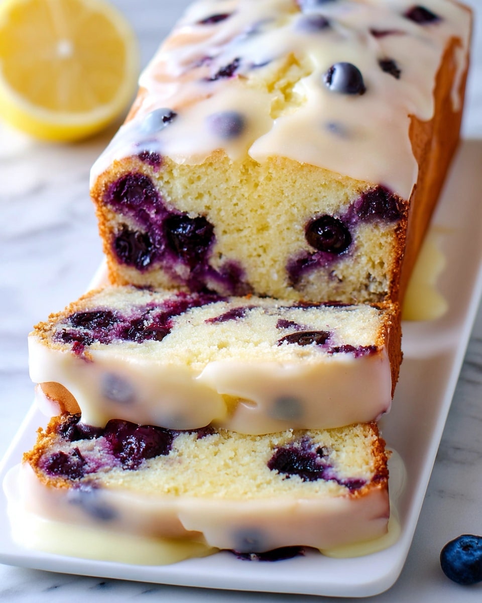 A close-up of a three-layer blueberry lemon loaf cake on a long white rectangular plate, placed on a white marbled surface. The base layer is a light yellow moist cake embedded with deep purple blueberries spread throughout. The middle layer is the same cake with more visible blueberries, topped with a thin layer of glossy, white lemon glaze that drips slightly over the edges. The top layer shows a thicker layer of the pale yellow cake with blueberries inside, also covered with the shiny lemon glaze that glistens under the light. A piece of lemon and a blueberry are visible near the plate. photo taken with an iphone --ar 4:5 --v 7