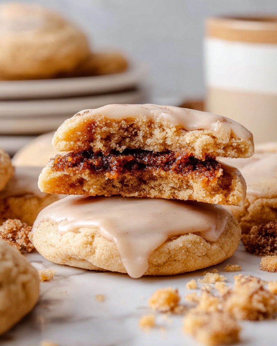 The image shows a close-up of soft, thick cookies with a light tan color and a smooth, slightly shiny glaze on top. One cookie is broken in half and placed stacked on another cookie, revealing a gooey, dark brown cinnamon-sugar filling inside. The cookies have a soft, crumbly texture, with cookie crumbs scattered around on a white marbled surface. In the background, there is a blurred white plate and a cup, both sitting on the same surface. The photo taken with an iphone --ar 4:5 --v 7