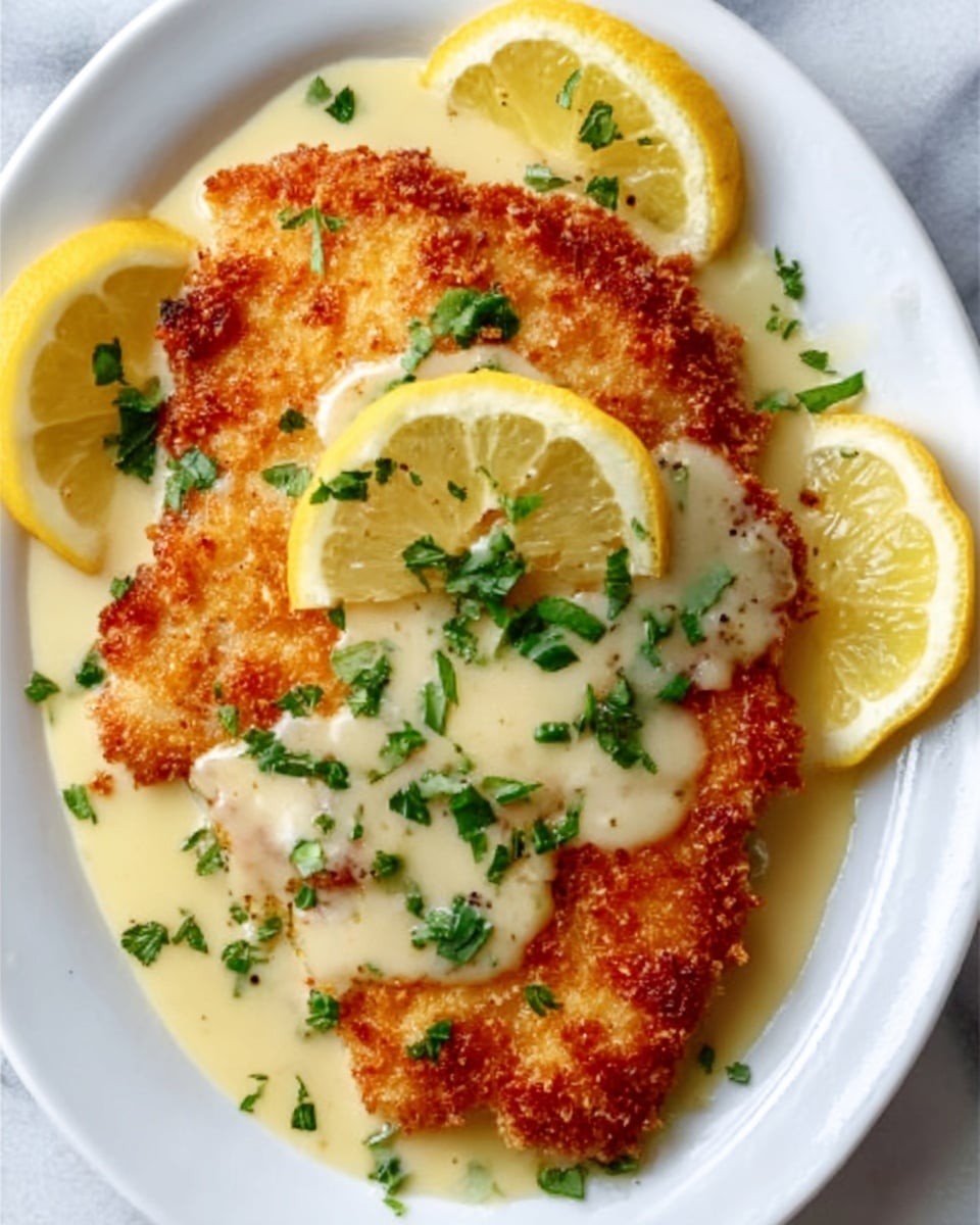 A crispy, golden-brown breaded chicken cutlet lies on a white plate, topped with a creamy light beige sauce dotted with small bits of herbs. The chicken's crust looks crunchy with uneven textures and a warm tone. Around the chicken are bright yellow lemon wedges placed in each corner of the plate. Fresh green parsley leaves are scattered on top of the sauce and around the chicken, adding a fresh pop of color. The background surface is white with a marbled texture. Photo taken with an iphone --ar 4:5 --v 7