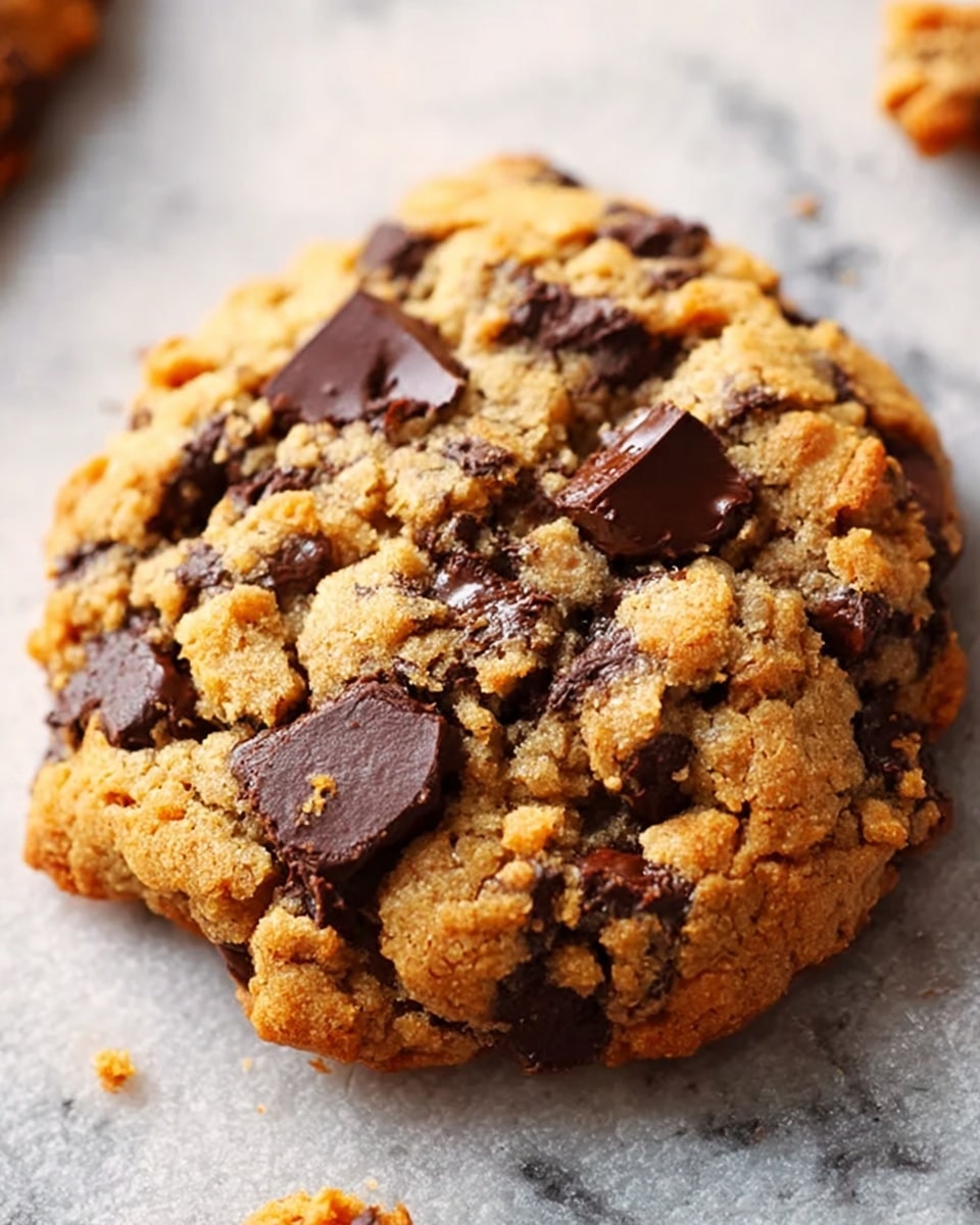 A close-up view of a round chocolate chip cookie with a rough, crumbly texture showing on its top and sides, filled with large dark brown chocolate chunks unevenly spread across the light golden brown dough. The cookie sits slightly raised on a matte gray baking tray with softened edges visible in the background, along with out-of-focus parts of other cookies. Small crumbs are scattered around the main cookie on the tray. The photo taken with an iphone --ar 4:5 --v 7