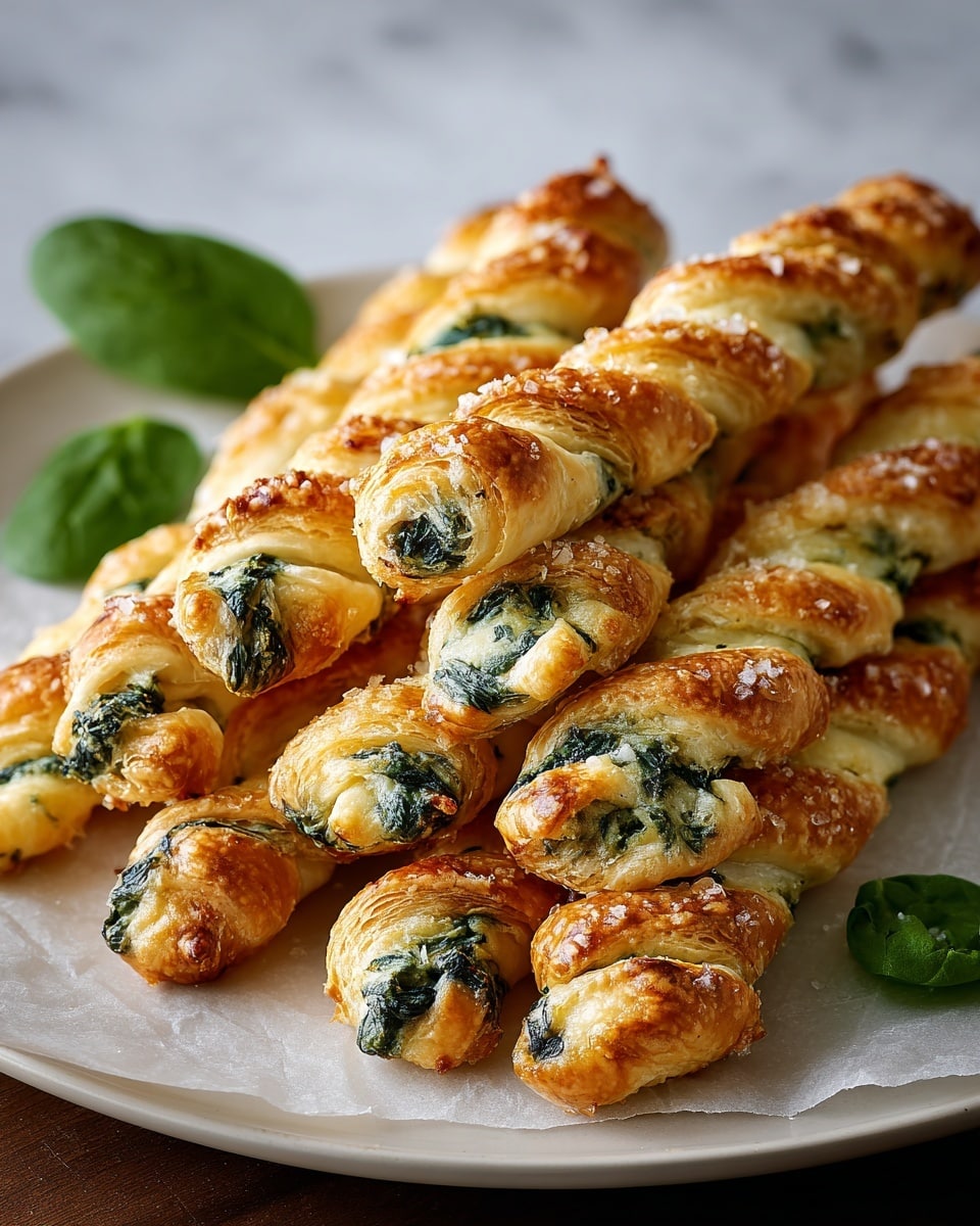There are six golden brown, twisted pastry sticks on white parchment paper placed on a white plate. Each pastry has three visible layers: a crisp, flaky outer layer that is light brown with small coarse salt crystals sprinkled on top, a soft white inner layer, and a green leafy filling visible through the twists, showing a textured mix of cooked spinach. The pastries are arranged close together in a neat stack, and a few fresh green spinach leaves sit slightly out of focus in the background on a white marbled surface. photo taken with an iphone --ar 4:5 --v 7