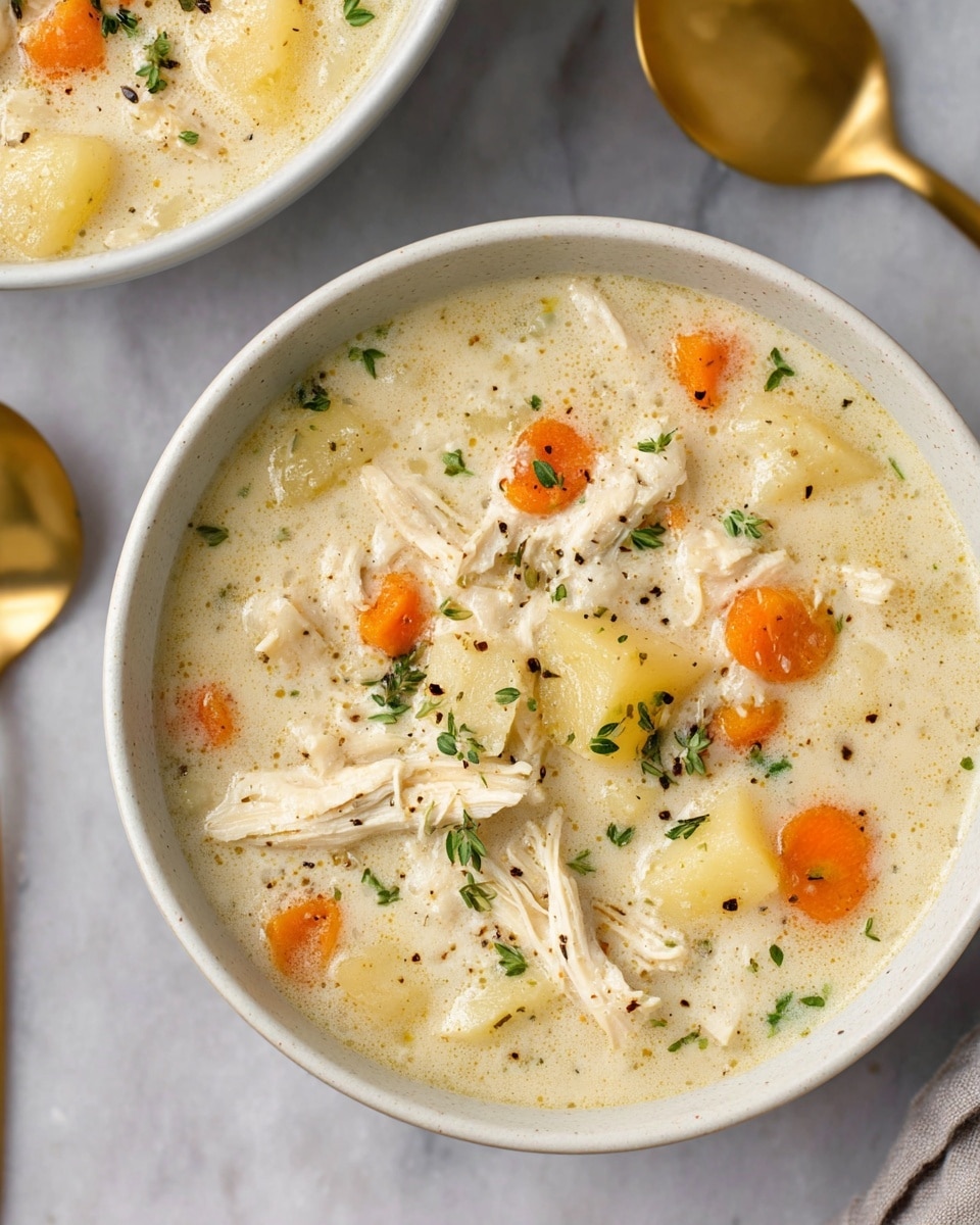 A close-up view of a white bowl filled with creamy chicken soup, showing a thick base of light beige color. The soup contains visible shredded chicken pieces, small orange carrot chunks, and soft white potato pieces spread evenly throughout. Bits of green parsley are sprinkled on top, adding color contrast, along with small black pepper flakes scattered across the surface. In the background, there is another white bowl with more soup and two golden spoons resting nearby on a white marbled surface. photo taken with an iphone --ar 4:5 --v 7