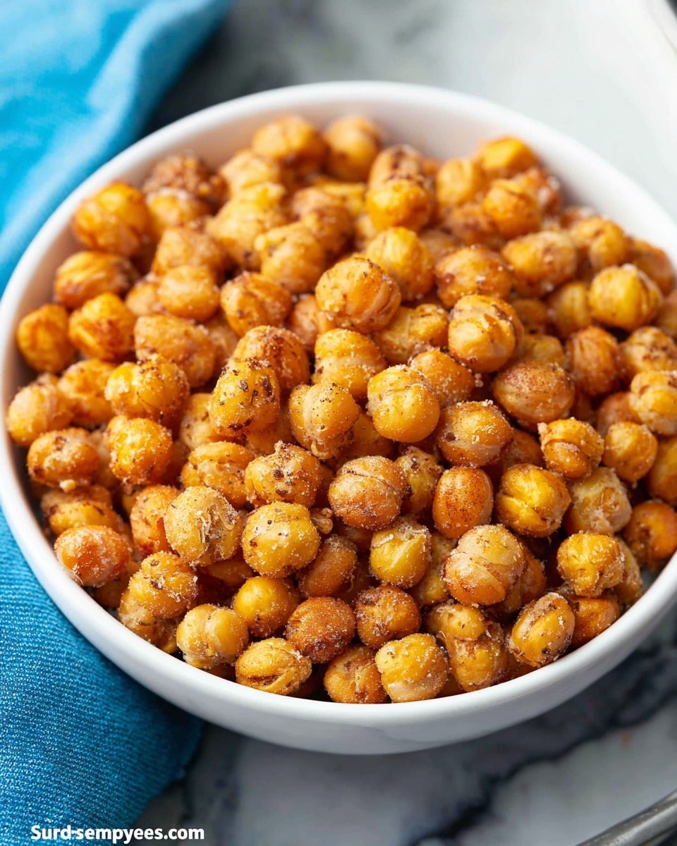 A white bowl filled with a large pile of crispy roasted chickpeas that are golden brown with a light dusting of white seasoning and small green herb pieces scattered evenly. The chickpeas have a crunchy texture and are tightly packed, almost overflowing the bowl, which sits on a dark wooden surface with a blue cloth slightly visible. The background is softly blurred with a white marbled texture. Photo taken with an iphone --ar 4:5 --v 7