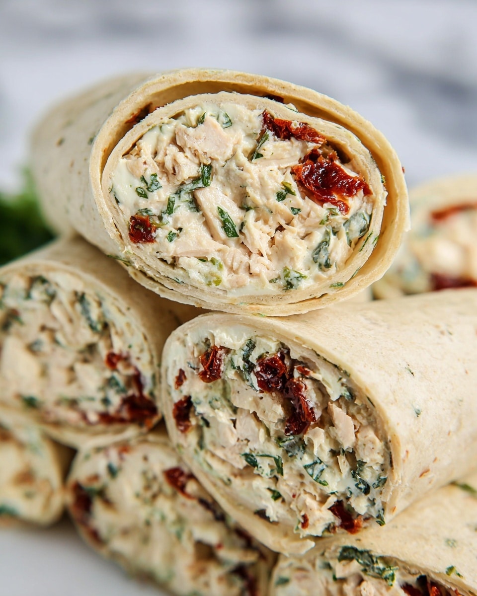 The image shows several tortilla wraps cut into thick slices, stacked close together on a white marbled surface. Each wrap slice has a thin, light beige tortilla outer layer surrounding a creamy filling with visible chunks of white chicken, green leafy herbs, and pieces of dark red sun-dried tomatoes, creating a marbled effect inside. The filling looks soft with a mix of textures from the smooth cream and the chewy chicken and tomato bits. The focus is on one slice held up prominently in the foreground, showing a clear view of the colorful filling inside the pale tortilla. Photo taken with an iphone --ar 4:5 --v 7