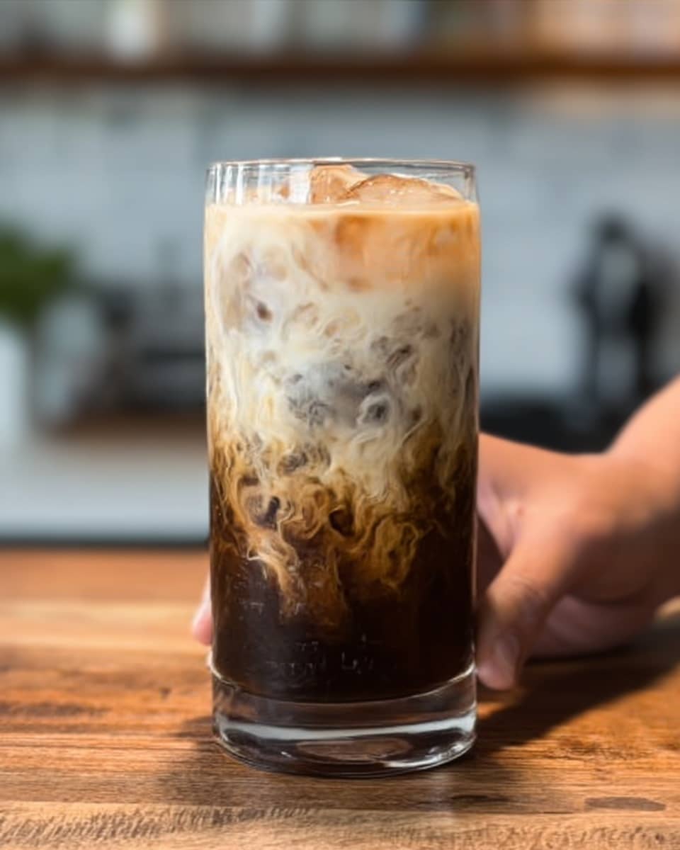 A clear glass tumbler filled with a layered iced coffee drink sits on a wooden surface. The bottom layer is dark brown cold coffee with ice cubes, creating a smooth, deep color. Above this is a swirling mix where the dark coffee gently blends with creamy white milk, forming light beige and tan patterns. The top layer is frothy white milk with small dark specks on the surface. The background shows a blurred kitchen setting with warm lights. photo taken with an iphone --ar 4:5 --v 7
