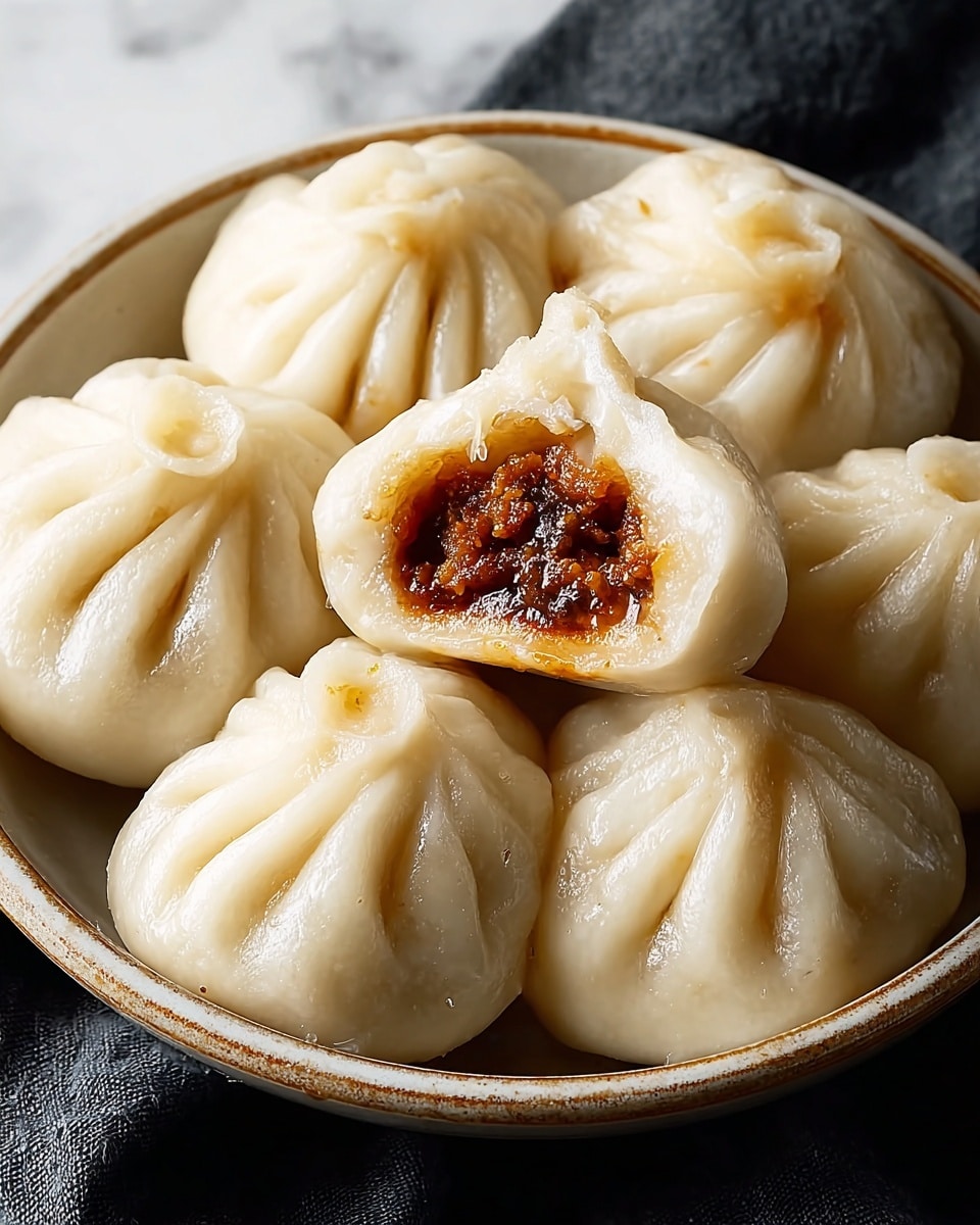 A close-up of a bowl filled with six steamed dumplings placed on a white marbled surface, each dumpling is smooth and glossy with delicate folds at the top. One dumpling is cut open and balanced on the others, showing a rich, dark brown filling inside made of finely chopped ingredients. The bowl is white, with a subtle texture on its edges. The overall image has a warm, inviting look with soft lighting that highlights the dumplings’ smooth texture against a dark background. photo taken with an iphone --ar 4:5 --v 7