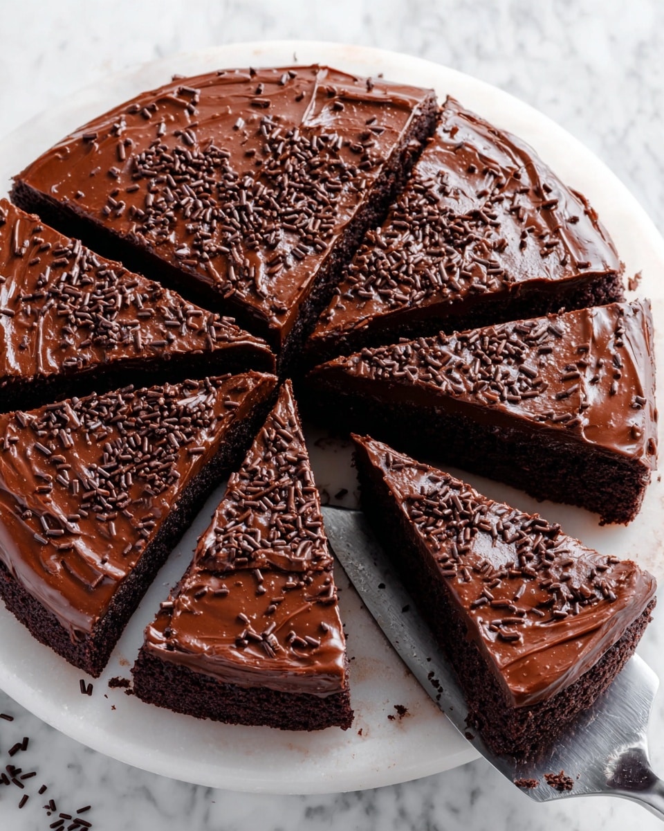 A round, single-layer chocolate cake sliced into eight pieces sits on a white marble surface. The cake’s base layer is dark brown and dense with a smooth, glossy layer of rich chocolate frosting covering the entire top. Small, dark chocolate sprinkles are scattered evenly over the frosting, adding texture and a slight shine. One slice is being lifted with a silver spatula, showing the thickness of the cake and frosting clearly. The overall look is rich, smooth, and glossy, with the chocolate sprinkles adding a bit of roughness. Photo taken with an iphone --ar 4:5 --v 7
