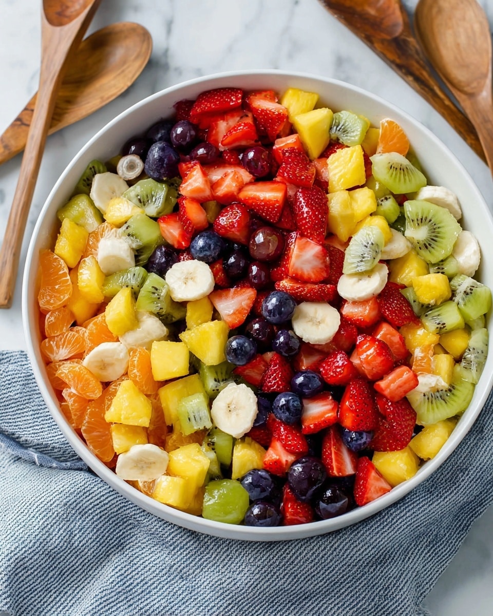 A large white bowl filled with a colorful fruit salad made of several layers of fresh fruit pieces. The top layer includes bright red strawberry halves, green kiwi slices with tiny black seeds, small shiny blueberries, curved orange mandarin segments, yellow pineapple chunks, red grape halves, and small white banana slices. The fruits are mixed evenly, showing vibrant and juicy textures with a mix of smooth, soft, and slightly rough surfaces. The bowl is placed on a white marbled surface, and a wooden spoon with a woman's hand touching it is partly visible at the bottom right. Photo taken with an iphone --ar 4:5 --v 7