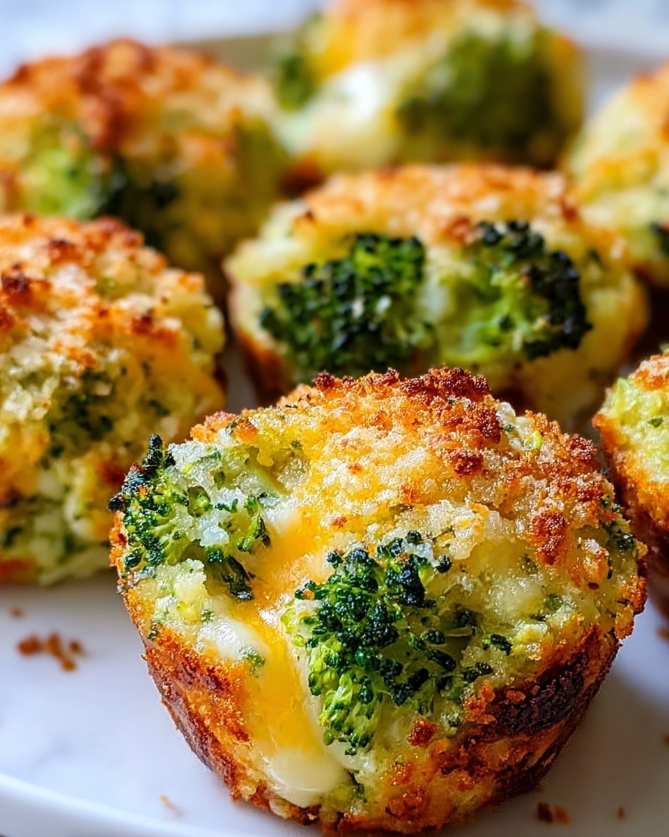 The image shows several round baked broccoli cheese bites arranged closely on a white plate with a white marbled texture underneath. Each piece has multiple layers: the outermost layer is golden brown and crispy with small bits of breadcrumb texture, beneath that is a melted yellow-orange cheese layer with some creamy white cheese visible, and the innermost layer is bright green broccoli florets with small darker green buds. The pieces are slightly uneven in shape, with one in the front cut open to reveal the soft, cheesy inside and broccoli clearly visible. Photo taken with an iphone --ar 4:5 --v 7