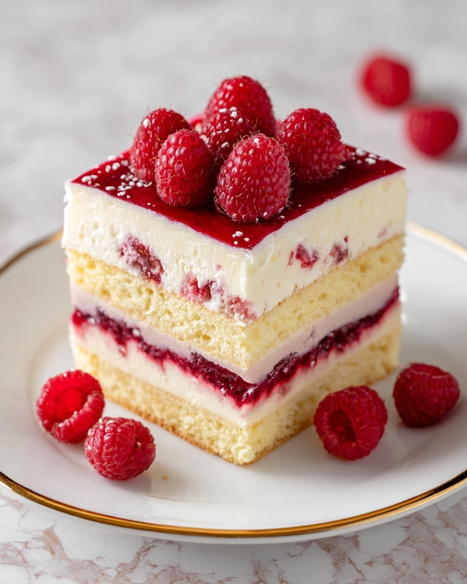 A square piece of layered dessert sits on a white plate with a thin gold rim, placed on a white marbled surface. The bottom layer is a light yellow sponge cake, topped with a thick, bright red raspberry filling with visible seeds and small raspberry pieces. Above this is a creamy white layer, smooth and thick, followed by more of the red raspberry filling, then another creamy white layer. The top is garnished with fresh red raspberries arranged in a small cluster. A few loose raspberries are scattered beside the dessert on the plate. Photo taken with an iphone --ar 4:5 --v 7