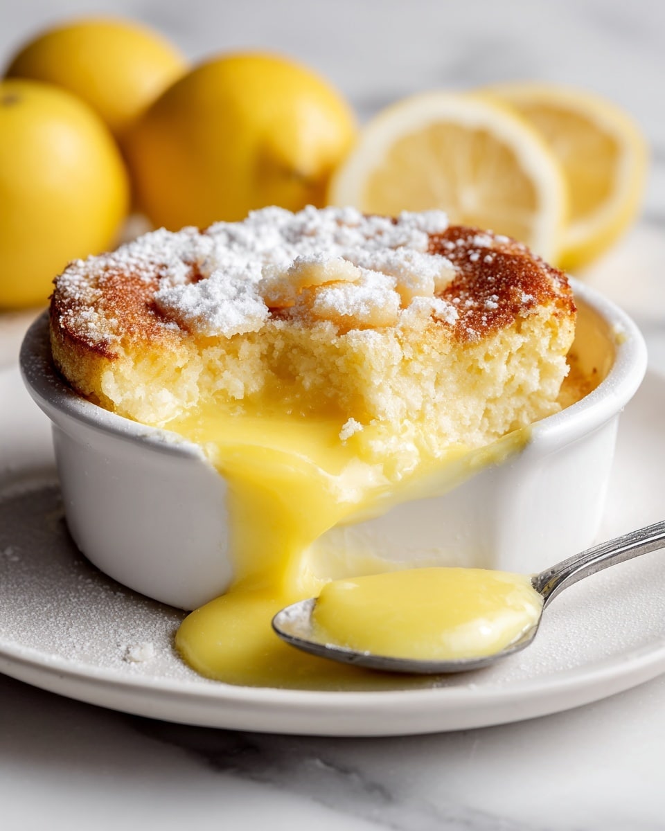 A white ceramic round dish holds a layered lemon dessert with a golden-brown, crumbly top crust dusted lightly with powdered sugar, showing a texture of small broken pieces around edges. Below the crust is a thick, smooth, bright yellow lemon curd layer that looks glossy and slightly runny, next to a creamy white layer that appears soft and whipped. A silver spoon is placed inside the dish with a scoop of the dessert, and whole and cut lemons sit blurred in the background on a white marbled surface. photo taken with an iphone --ar 4:5 --v 7