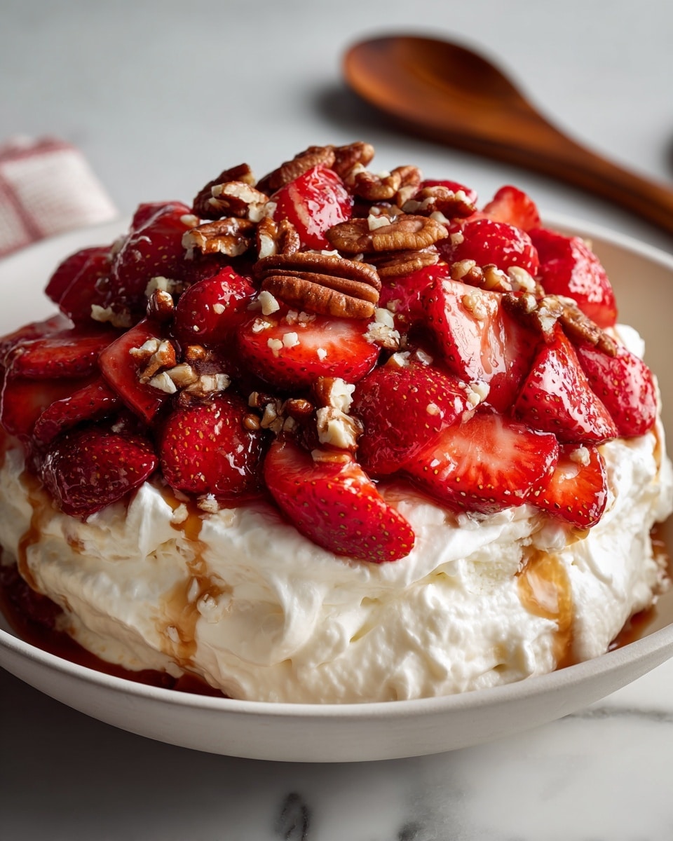 The dish is shown in a white bowl sitting on a white marbled surface. It has multiple layers starting with a thick, fluffy layer of white whipped cream at the base. On top of this, there are bright red, sliced strawberries spread evenly, some partially submerged in the cream. Scattered around and slightly mixed in on the top layer are shiny brown pecans adding a crunchy texture. The strawberries are glossy with a hint of syrup, giving them a fresh and juicy look. In the background, there is a wooden utensil partially visible on the right side. Photo taken with an iphone --ar 4:5 --v 7