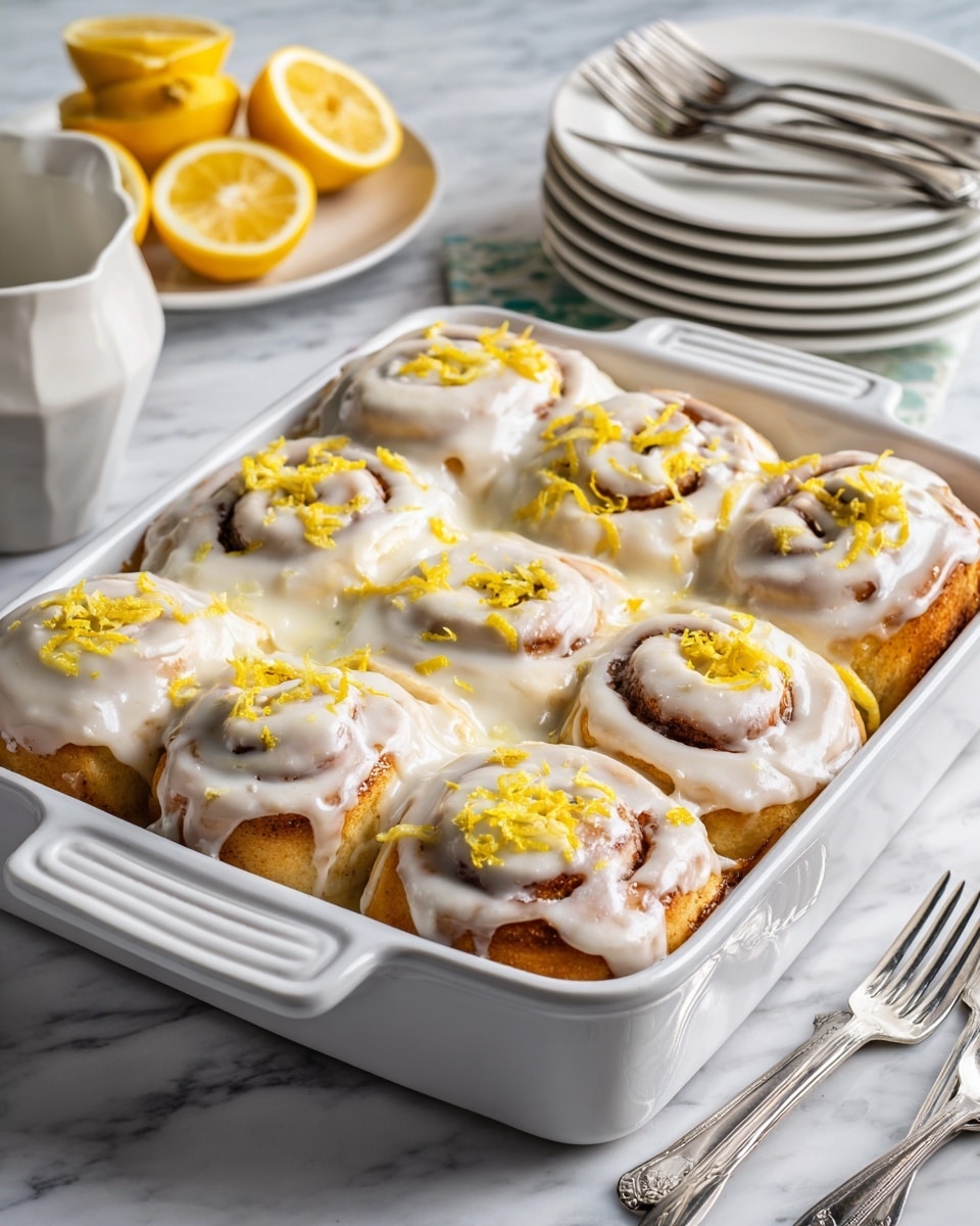 A white rectangular baking dish holds eight lemon rolls arranged in two rows with four rolls each. Each roll shows visible swirls of golden-brown dough with a thick layer of creamy white frosting that slightly drips around the edges. Scattered lemon zest adds bright yellow specks on top, and small lemon wedge pieces are placed on some rolls, adding a fresh, vibrant touch. The dish sits on a white marbled surface, with a white plate containing silver forks and another white plate with sliced lemons partly visible nearby. Photo taken with an iphone --ar 4:5 --v 7