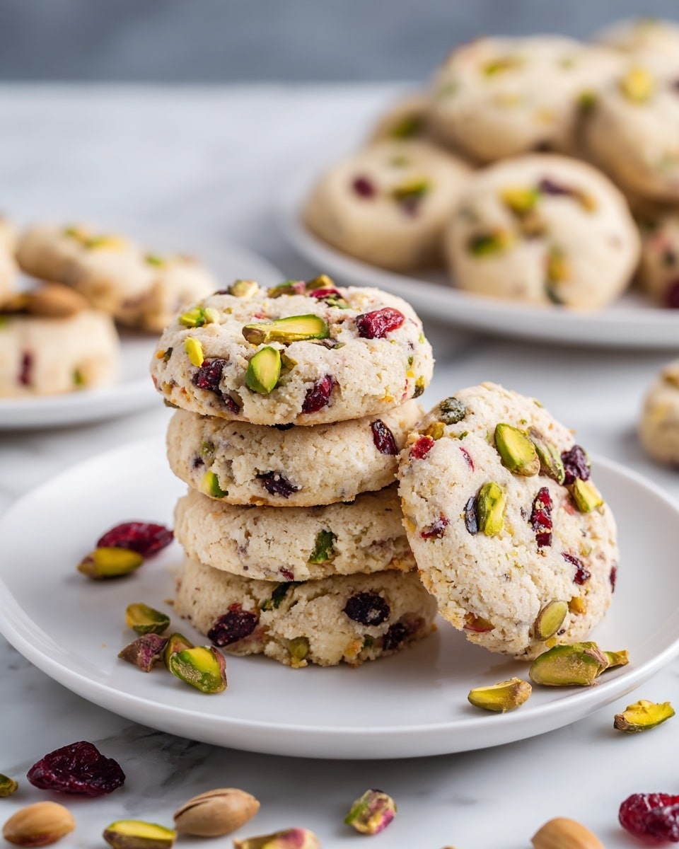A stack of round cookies sits piled in the middle of a white plate. Each cookie is light golden-brown with a slightly crumbly texture, studded with bright green pistachio pieces and deep red dried cranberries spread evenly throughout. The cookies are thick and look soft, with some scattered pistachio bits and cranberries also visible on the surrounding white marbled surface. In the background, a few more cookies rest on another white plate, out of focus, with some pine branches and red berries adding a festive feel. photo taken with an iphone --ar 4:5 --v 7