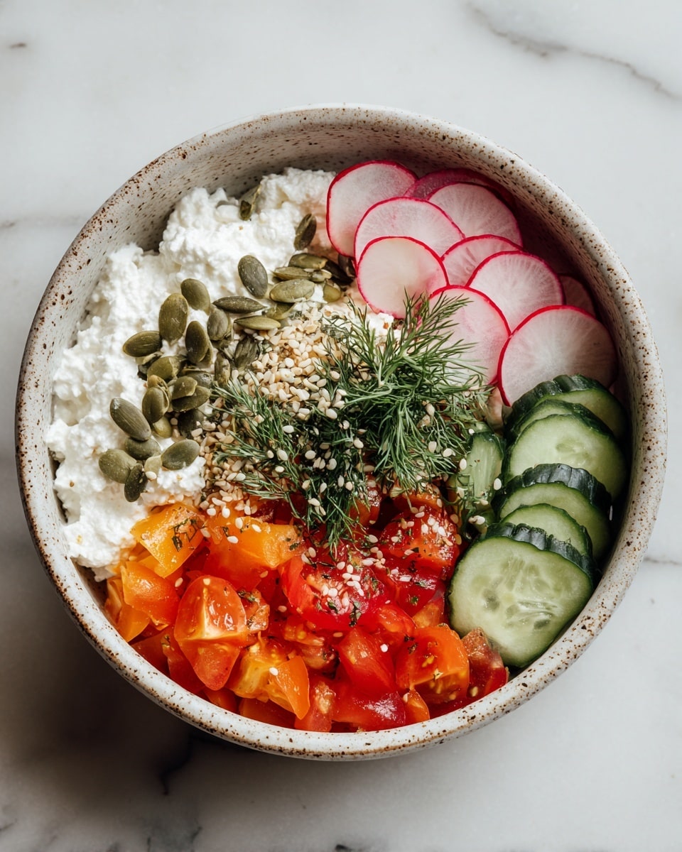 A white bowl filled with six distinct layers arranged side by side: on the left, bright orange chunks, followed by smaller red diced pieces; next, thinly sliced radishes with white centers and red edges, followed by thin cucumber slices showing light green flesh and dark green skin in a slightly overlapping line; fresh green dill is placed next to the cucumbers; a sprinkling of sunflower and sesame seeds rests alongside; the base layer is fluffy white cottage cheese with a slightly grainy texture, topped with some pumpkin seeds scattered on it. The bowl sits on a white marbled surface. Photo taken with an iphone --ar 4:5 --v 7