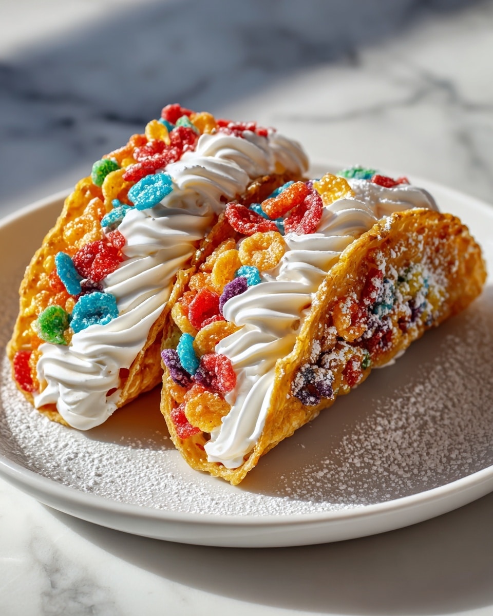 Two colorful dessert tacos are shown on a white plate sprinkled lightly with powdered sugar. Each taco has three main layers: the outer shell is a crispy, textured layer made from a golden cereal covered with multicolored, shiny candy pieces in red, blue, yellow, orange, and green, forming a curved taco shape. Inside this shell, there is a thick layer of smooth, white whipped cream that is piped in soft, wavy ridges filling the taco shell fully from bottom to top. The background has a white marbled texture. The photo taken with an iphone --ar 4:5 --v 7