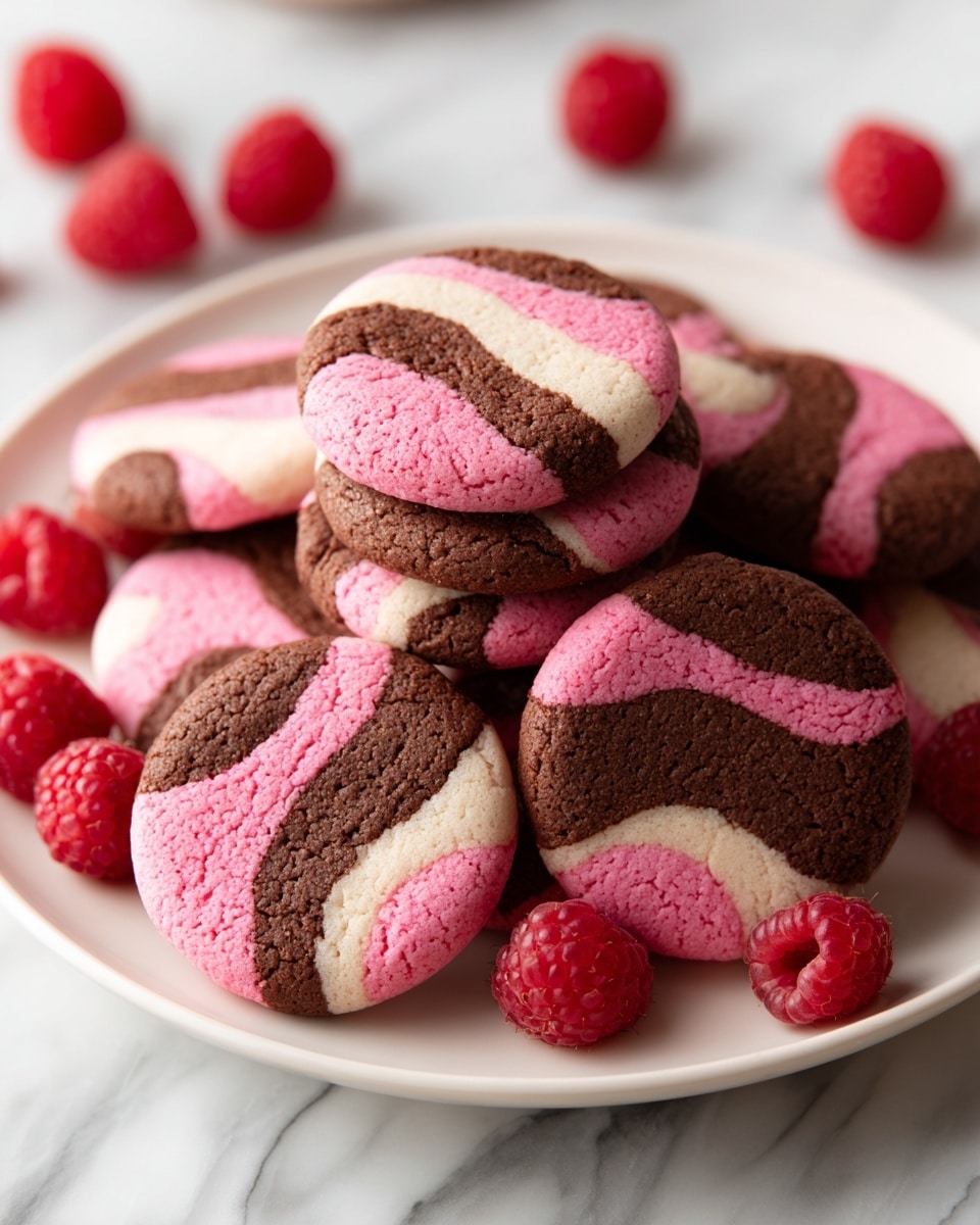 A white plate holds a pile of round swirl cookies with two layers, one bright pink and one dark brown, mixed together in smooth wavy patterns on the top surface. The cookies look soft and moist with a slightly textured finish. Around the plate are a few fresh red raspberries scattered, adding a pop of color. The plate is set on a white marbled surface with some cookies and raspberries lying on it as well. Photo taken with an iphone --ar 4:5 --v 7