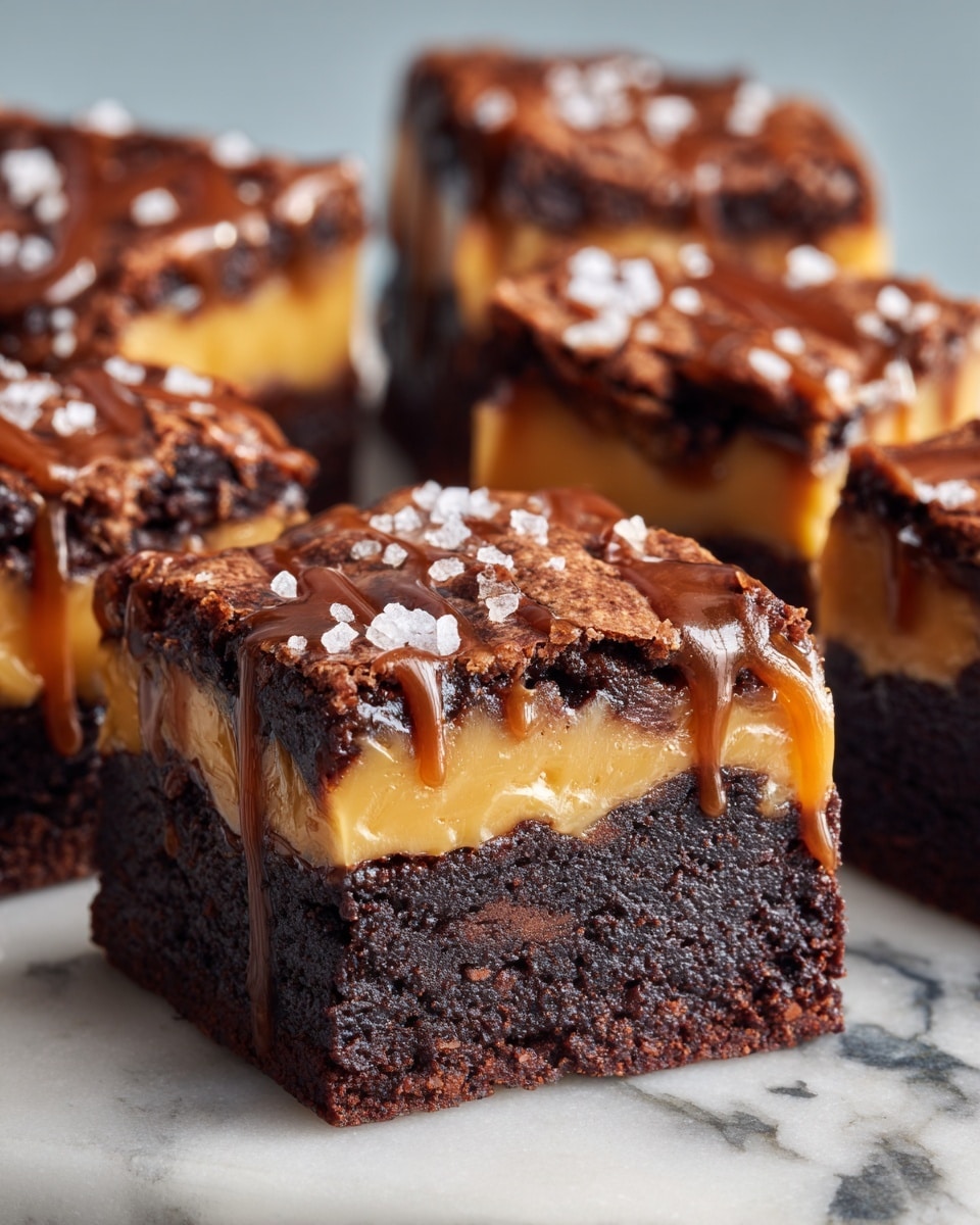 A close-up of a square brownie cut into smaller squares, all placed on a white marbled surface. The brownies have three visible layers: a dark, rich chocolate base with a moist, dense texture; a middle layer of creamy, golden caramel; and a top layer of a lighter brown, crumbly cookie-like dough with a cracked surface. Each square is drizzled with caramel lines and sprinkled with coarse sea salt flakes, adding extra texture and shine. One brownie piece is separated and centered, clearly showing the three distinct layers. Photo taken with an iphone --ar 4:5 --v 7