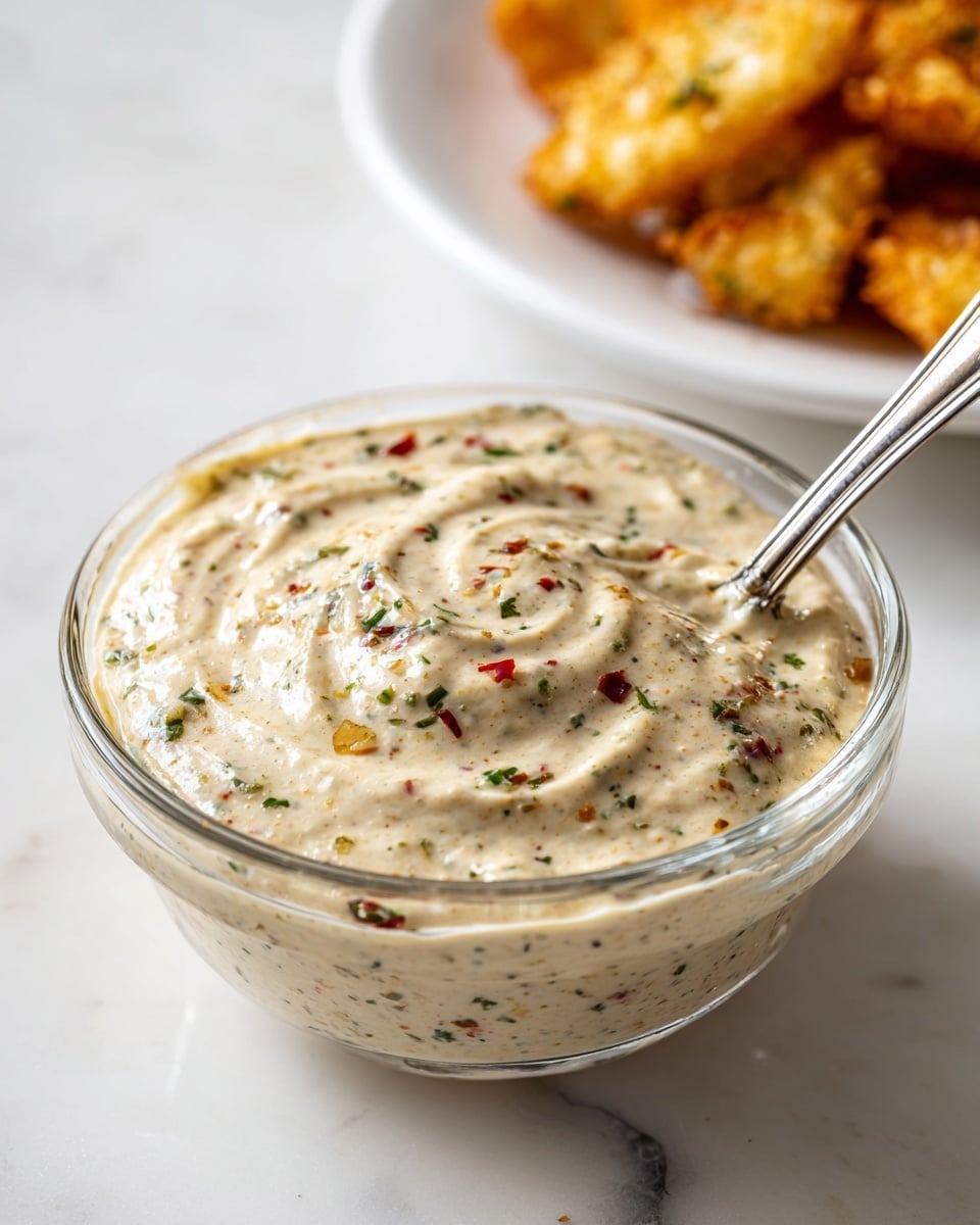 A clear glass bowl filled with creamy white sauce that has visible specks of green herbs and red spices mixed evenly throughout. The sauce is swirled in the bowl creating smooth, curved peaks and valleys on the surface. A metal spoon rests in the sauce, slightly inserted, showing a glossy texture. In the background, some fried crispy brown nuggets are visible on a white plate, all placed on a white marbled surface. photo taken with an iphone --ar 4:5 --v 7