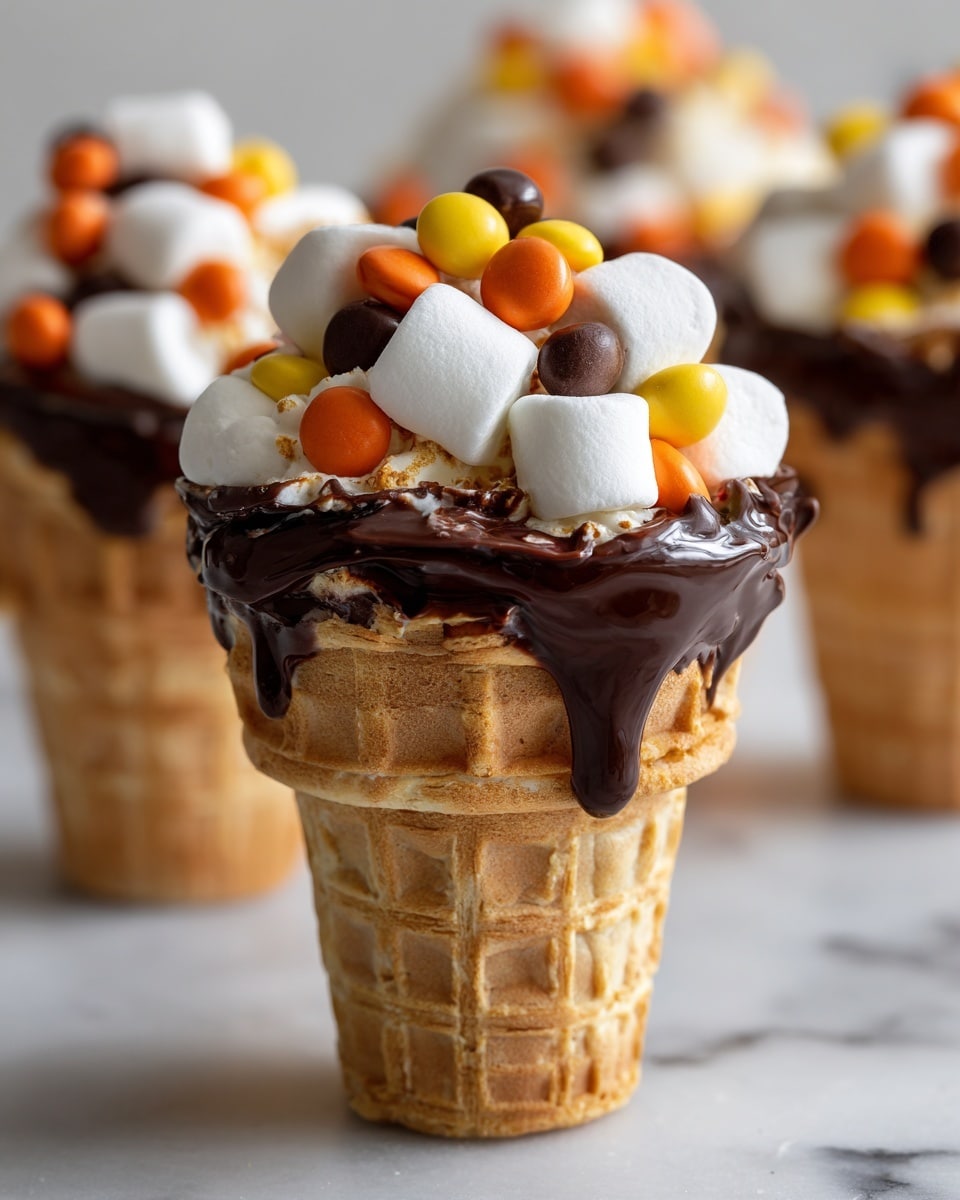 A close-up view of a waffle cone filled with layers of melted milk chocolate, soft white marshmallows, and colorful orange, yellow, and brown candy-coated chocolates. The waffle cone has a golden-brown color and a crisp texture with a grid pattern. The filling sits just above the cone's rim, with the melted chocolate glossy and smooth, covering parts of the marshmallows and candies. The background includes blurred white bowls filled with more chocolates and a white marbled surface. photo taken with an iphone --ar 4:5 --v 7