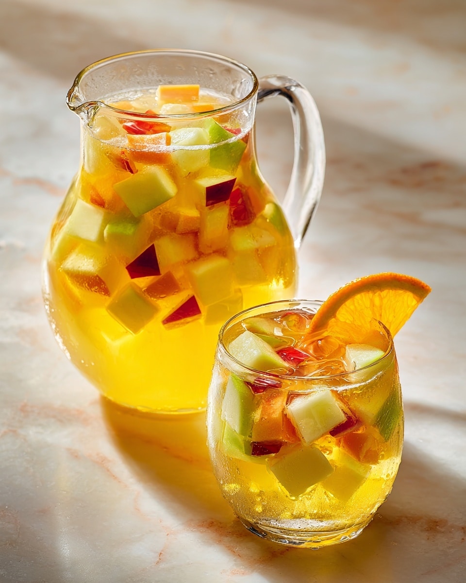 A clear glass pitcher and a rounded clear glass cup are filled with a yellow drink layered with many small pieces of fruit, including green apple cubes, orange slices, and red fruit chunks, along with ice cubes floating throughout. The drink has a light, refreshing look with condensation on the glass surfaces. The glass cup is garnished with a thin orange slice placed on its rim. Both containers are set on a white marbled surface, with the pitcher in the background and the glass cup closer to the front, softly lit from the side. Photo taken with an iphone --ar 4:5 --v 7