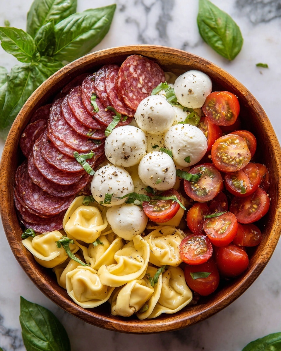 In a wooden bowl on a white marbled surface, there is a colorful tortellini salad with three main layers: the first layer is made of creamy yellow tortellini shapes that look soft and folded, scattered throughout the bowl; the second layer has bright red cherry tomatoes, some whole and some cut in half, showing their juicy inside; the third layer features thin, round slices of red salami with white fat specks, and soft white mozzarella balls topped with black pepper and a drizzle of olive oil, along with small torn pieces of fresh green basil leaves mixed all over for a fresh touch. Photo taken with an iphone --ar 4:5 --v 7