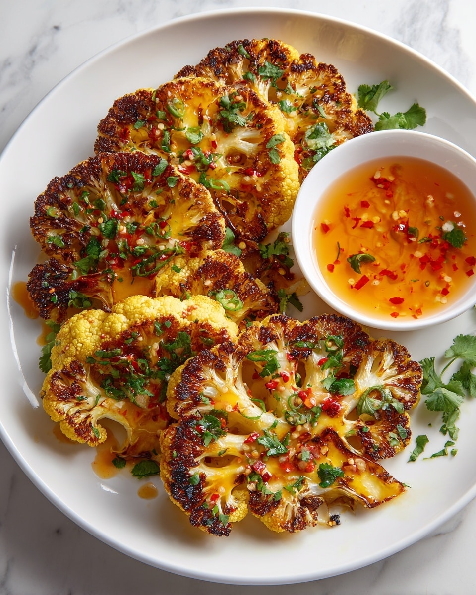 The image shows a white round plate filled with seven thick cauliflower steaks that are charred with a golden brown and slightly blackened surface, giving a crispy texture. The top of each cauliflower steak is drizzled with an orange sauce and sprinkled with fresh green parsley leaves and small pieces of red chili. To the side on the plate, there is a small white bowl with a creamy orange dipping sauce garnished with a few green herb pieces. Fresh parsley leaves are scattered around the edges of the plate. The plate is placed on a white marbled surface. Photo taken with an iphone --ar 4:5 --v 7