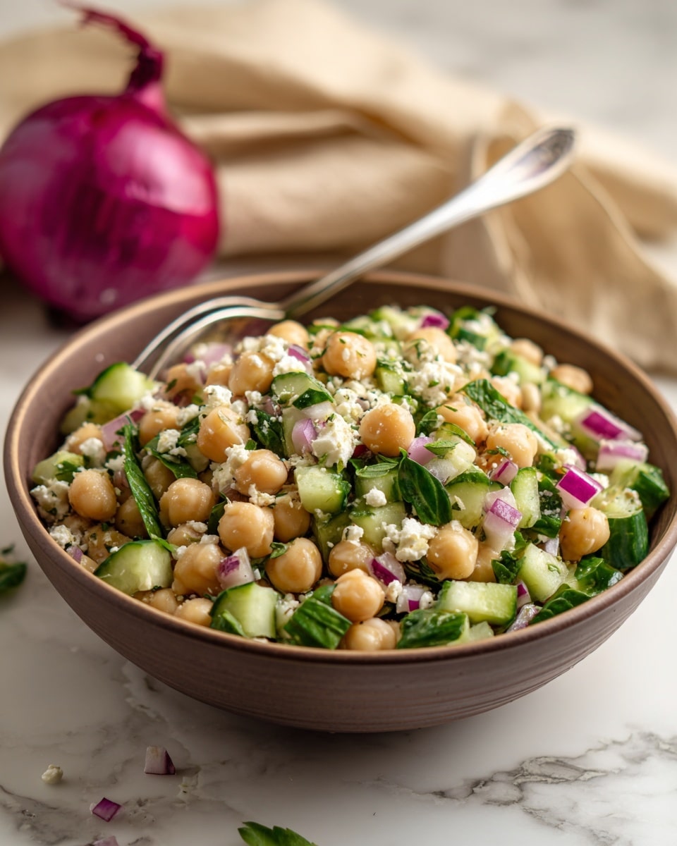A close-up image of a bowl filled with chickpea salad that has three main layers: a base of light tan chickpeas, mixed throughout with chopped green cucumber pieces adding a crunchy texture, finely chopped dark green herbs, and tiny pieces of purple onion scattered on top. The salad is mixed with creamy white chunks of cheese scattered unevenly, giving it a rich texture. A metal spoon is placed inside the bowl, ready to scoop. The bowl is white with a smooth finish, set on a white marbled surface with a light cloth and a whole red onion placed beside it. Photo taken with an iphone --ar 4:5 --v 7