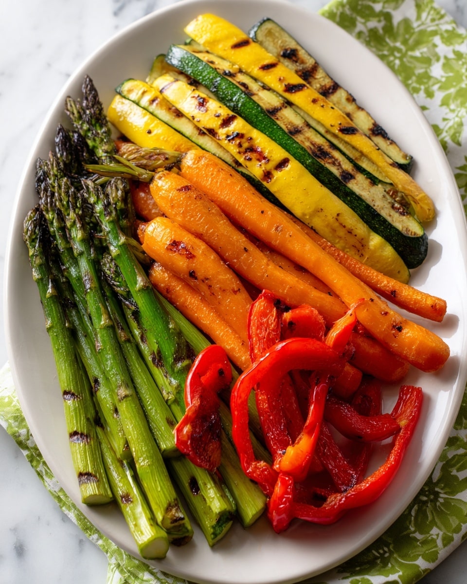 A large white oval plate holds grilled vegetables arranged in layers and colors. The base layer shows bright green asparagus spears, some with light charring. On top, medium-sized orange carrots with black grill marks are laid out mostly parallel, overlapping some green asparagus. There are long, yellow zucchini strips with grilled lines, placed next to carrots and asparagus. Curved, shiny red bell pepper slices with a slight char are interspersed among the vegetables. The textures vary from smooth and shiny bell peppers to slightly rough and charred carrots and zucchinis, all on a white marbled surface. photo taken with an iphone --ar 4:5 --v 7