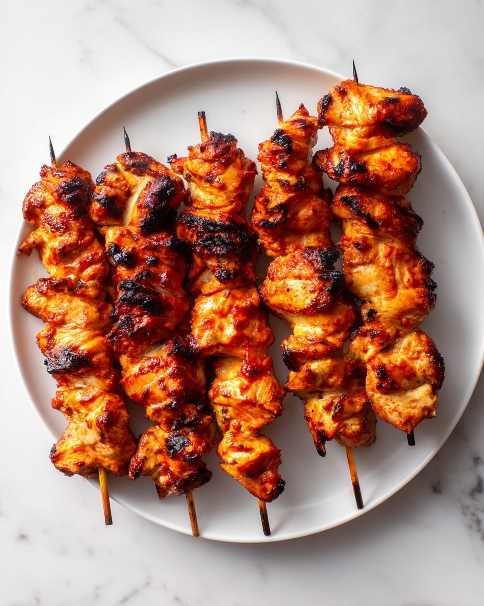 The image shows six grilled chicken skewers laid closely together on a large white plate set on a white marbled surface. Each skewer is filled with tightly curled pieces of chicken that have a rich golden-brown color with darker charred spots from grilling. The chicken pieces are layered closely on the wooden skewers in a slightly twisted, textured form, showing some glossy, caramelized sauce on the surface giving a shiny look. The skewers are arranged in a slightly overlapping way, filling most of the plate. photo taken with an iphone --ar 4:5 --v 7