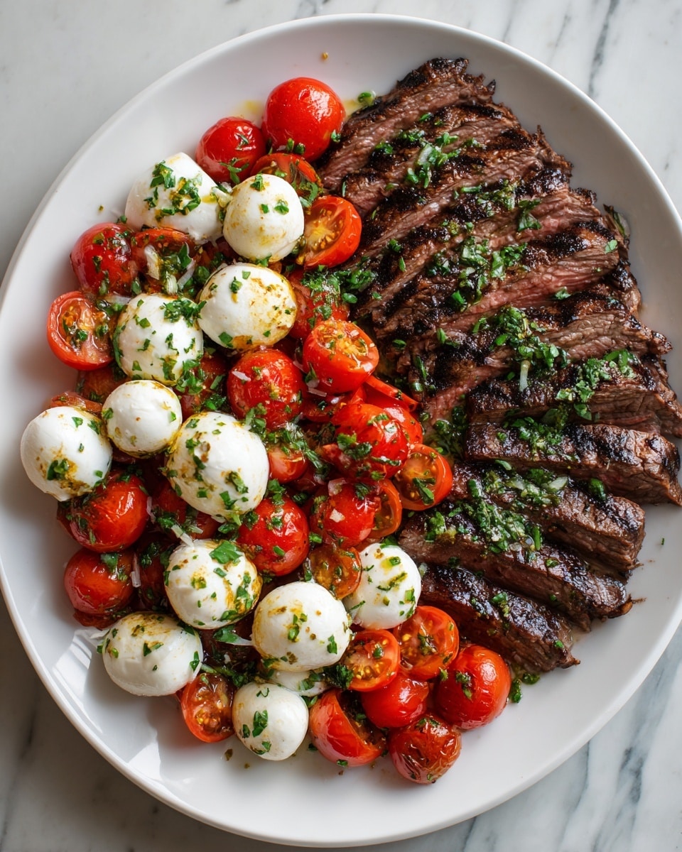 The image shows a round white plate filled with a grilled steak sliced into thick pieces covering nearly half the plate on the left side, its surface charred and juicy with grill marks. On the right side, there is a colorful salad made of whole bright red cherry tomatoes, small white mozzarella balls, and fresh chopped green herbs scattered on top. The steak’s texture looks tender and juicy, while the salad is glossy with a light dressing. The whole dish rests on a white marbled surface. Photo taken with an iphone --ar 4:5 --v 7