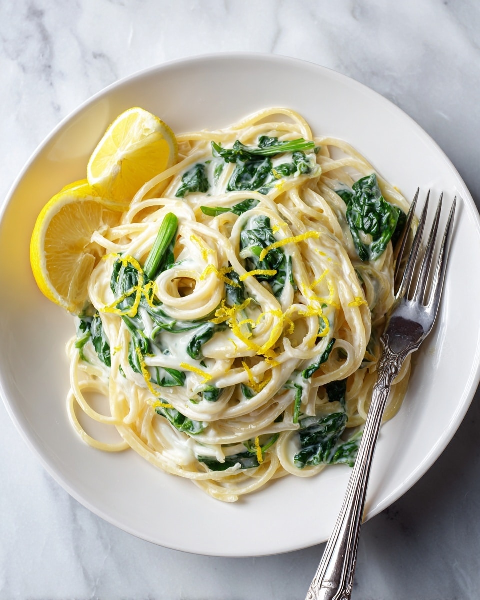 A white bowl holds a serving of creamy spaghetti pasta mixed with vibrant green spinach leaves, all coated in a thick, smooth white sauce. The pasta strands are twirled into a neat mound in the center, with the spinach layered evenly throughout. A silver fork is gently lifting a swirl of pasta on the right side. Bright yellow lemon zest is sprinkled over the top, adding small pops of color, and a quarter slice of lemon rests at the edge of the bowl. The dish shines against a white marbled surface. Photo taken with an iphone --ar 4:5 --v 7