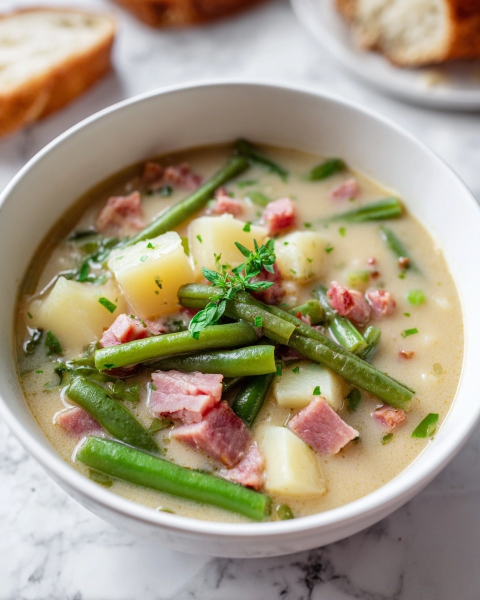 The image shows a deep white bowl filled with a stew made of three main layers: the bottom layer is a light, slightly cloudy broth; the middle layer contains chunky pale yellow potato pieces and green beans cut into short lengths; the top layer is made up of small pink cubes of ham scattered throughout. A small green herb garnish sits on top, adding a fresh touch. The bowl sits on a white marbled surface with soft natural light highlighting the colors and textures, giving a warm and hearty feel. Photo taken with an iphone --ar 4:5 --v 7