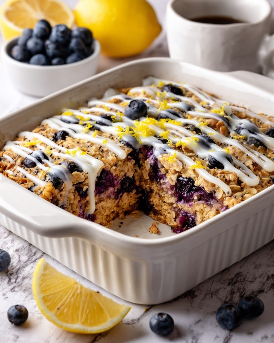A white baking dish holds a thick baked oatmeal slice with visible blueberries mixed throughout its golden-brown base, which has a slightly crumbly texture with small bits of oats and lemon zest scattered on top. The oatmeal is cut into sections, one piece partially removed to reveal a moist and dense interior with bursts of dark purple blueberries. White glaze is drizzled in diagonal lines across the top, adding a smooth, glossy contrast to the textured surface. In the background, there is a white bowl filled with fresh blueberries, a halved lemon on the white marbled surface, and a small white bowl with a creamy liquid, enhancing the fresh and bright look of the scene. photo taken with an iphone --ar 4:5 --v 7