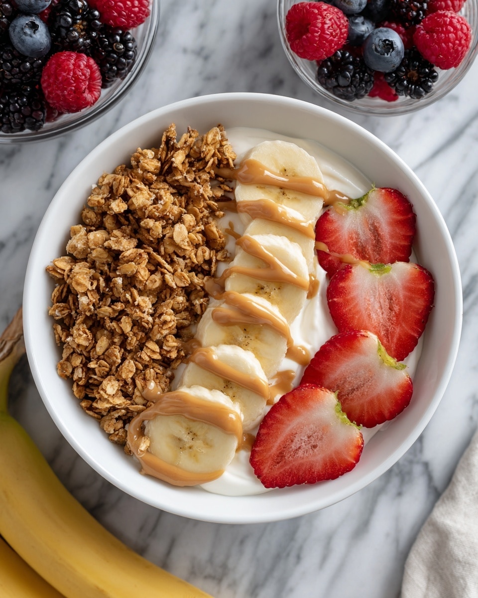 A white bowl filled with smooth, creamy white yogurt forms the base layer. On the left side, uneven clusters of golden brown granola sit atop the yogurt, creating a crunchy texture. On the right, there is a neat row of thin, round banana slices in pale yellow, slightly overlapping each other, next to a row of bright red strawberry slices with green leaves still attached, also neatly arranged and slightly overlapping. Light brown peanut butter is drizzled casually over the bananas and strawberries. The bowl is placed on a white marbled surface, with two yellow bananas at the bottom left and a glass bowl of mixed berries—red raspberries, black blackberries, and dark blue blueberries—visible in the top left corner. Photo taken with an iphone --ar 4:5 --v 7