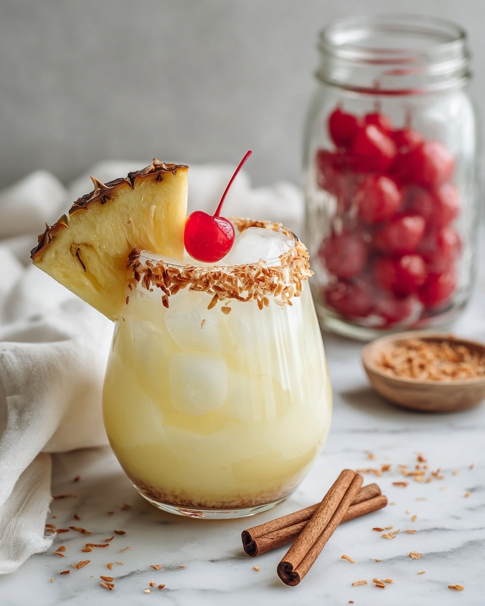 A clear glass goblet filled with a creamy light yellow drink containing several ice cubes, topped lightly with brown specks. The rim of the glass is coated with toasted white coconut flakes. A large triangular slice of bright yellow pineapple with a rough brown edge is perched on the rim, garnished by a shiny red cherry with a stem. The glass is placed on a white marbled surface scattered with toasted coconut flakes and two light wooden cinnamon sticks nearby. In the background, there is a small clear jar filled with more red cherries. Photo taken with an iphone --ar 4:5 --v 7