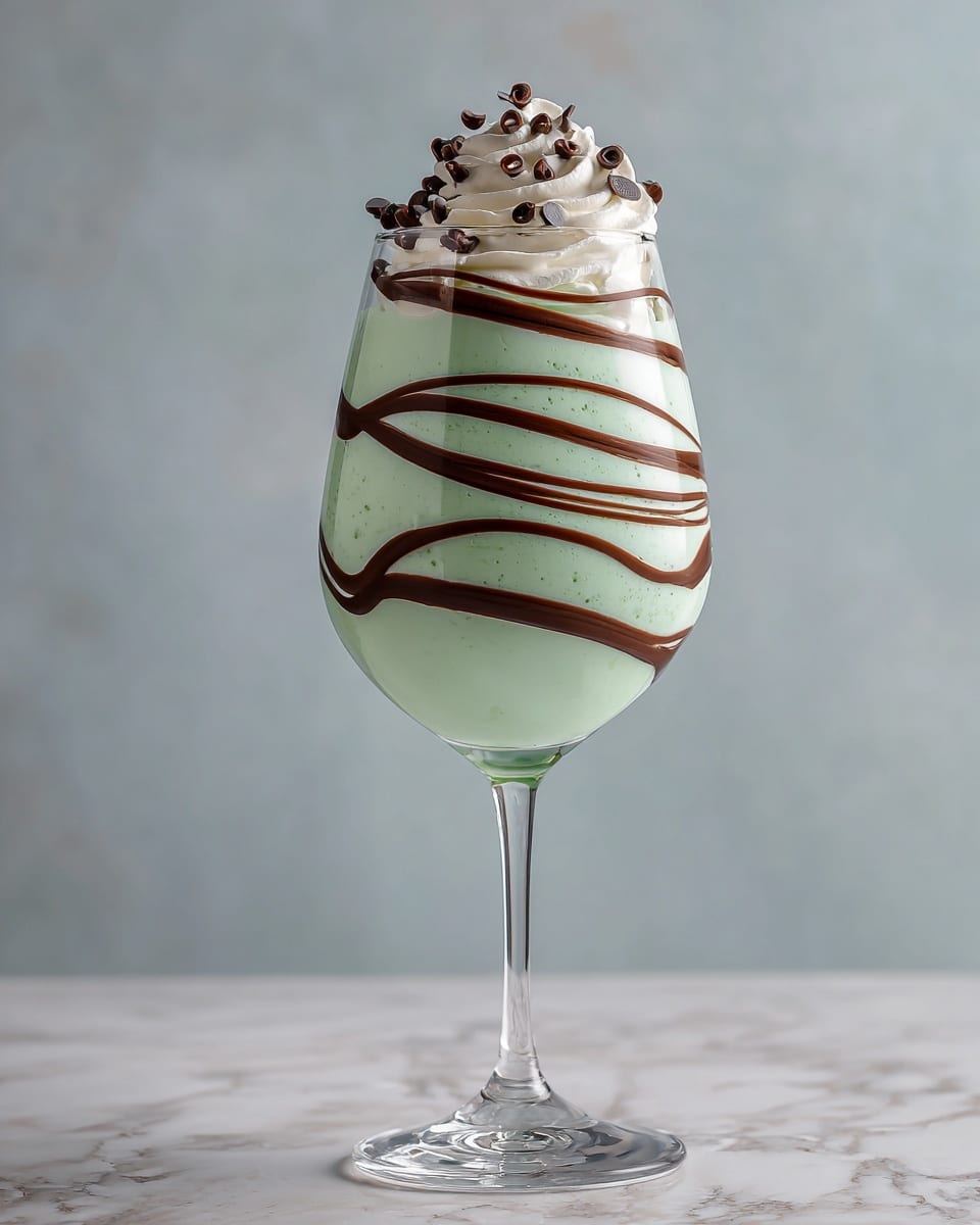 A clear wine glass filled with smooth light green mousse is shown with five thin, wavy dark chocolate stripes wrapping horizontally around it, evenly spaced. On top, there is a small layer of white whipped cream crowned with scattered dark chocolate sprinkles, giving a soft, fluffy texture that contrasts with the glass and mousse's silky look. The background is a white marbled texture that makes the colors stand out softly. Photo taken with an iphone --ar 4:5 --v 7