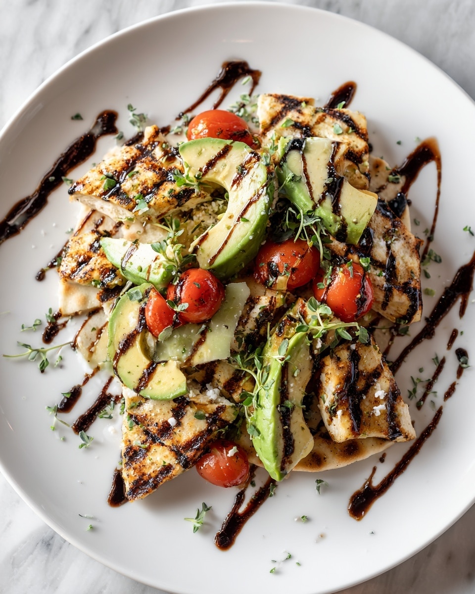 The dish shows a white plate with several layers starting from the bottom with flatbread pieces, light brown with a soft texture. On top of the flatbread are thick grilled chicken pieces, light golden with dark grill marks giving a charred look. Above the chicken, there are slices of grilled avocado, bright green with dark char lines, and slices of creamy white cheese. Scattered on top are halved cherry tomatoes, bright red with grill marks, adding pops of color. The whole plate is drizzled with a dark balsamic sauce and sprinkled with fresh green herbs. The plate rests on a white marbled surface. photo taken with an iphone --ar 4:5 --v 7