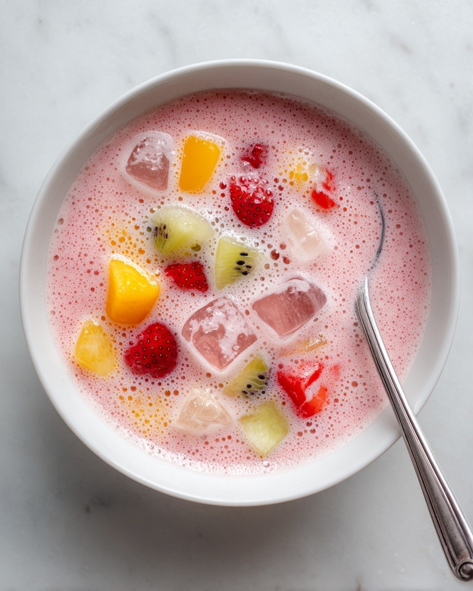 A close-up top view of a white bowl filled with a pink, frothy liquid that has small bubbles on the surface. Inside the liquid are various small fruit pieces in red, yellow, and green colors, along with several clear ice cubes scattered throughout. A silver spoon handle is partially visible on the right side, resting in the bowl. The bowl is placed on a white marbled surface. photo taken with an iphone --ar 4:5 --v 7