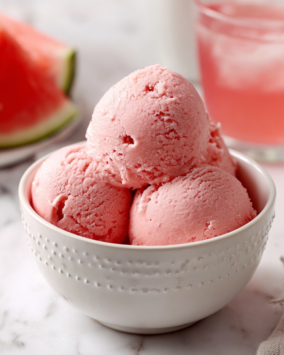 Three scoops of smooth, light pink ice cream with a soft texture fill a white bowl with a dotted rim, each scoop showing slight round indentations and small cracks. The background has a softened white marbled texture with blurred hints of pink and red, suggesting watermelon pieces nearby. The overall look is cool and fresh, focusing closely on the ice cream’s creamy surface. photo taken with an iphone --ar 4:5 --v 7