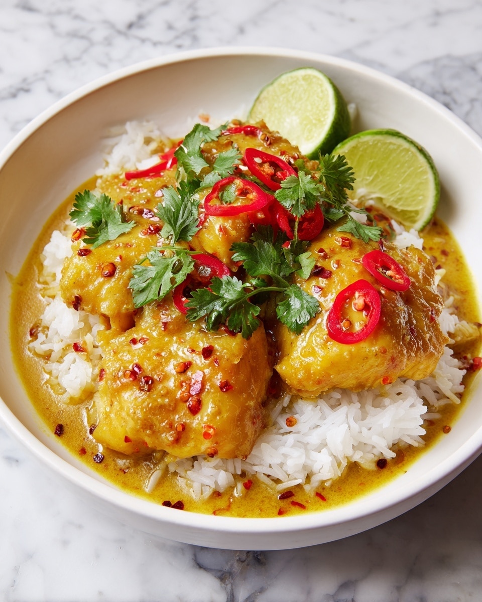 A white bowl holds a dish with a layer of fluffy white rice topped by several pieces of yellow curry-coated fish with a slightly rough texture. The fish is covered with chopped green cilantro leaves and some thin slices of bright red chili peppers. The yellow curry sauce surrounds the rice with a smooth, slightly oily surface showing red chili flakes. Two lime wedges rest on the top edge of the bowl and more cilantro leaves are scattered around the dish. The bowl is placed on a white marbled surface. Photo taken with an iphone --ar 4:5 --v 7