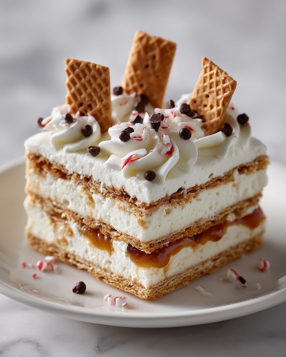 A square dessert with three layers is shown on a white plate, placed on a white marbled surface. The bottom and top layers are thin, golden-brown wafer cookies with a slightly rough texture. The middle layer is thick and creamy, white with some caramel-colored swirls visible inside. On top, there are swirls of white whipped cream sprinkled with tiny dark chocolate chips and small pieces of crushed red and white peppermint candy. Several rectangular waffle cookies stand upright on the whipped cream, adding height and texture to the dessert. Photo taken with an iphone --ar 4:5 --v 7