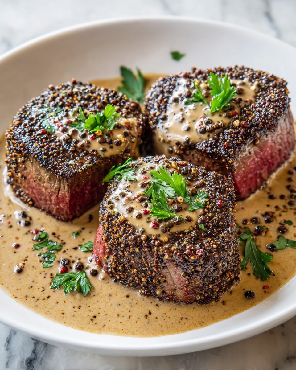 A close-up of three thick, grilled steak pieces lined up on a white plate, each one covered with a coarse black pepper crust giving a rough, dark texture on top; creamy light beige peppercorn sauce with whole black peppercorns is generously poured over the steaks and pools slightly around the base of the cuts, adding a smooth, glossy texture; fresh bright green parsley leaves are placed on top of the sauce on each steak for a pop of color and freshness, all set against a white marbled texture background. photo taken with an iphone --ar 4:5 --v 7