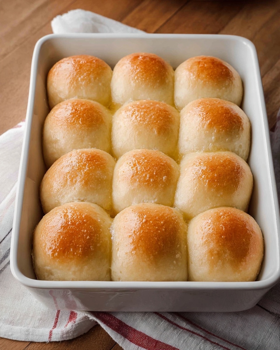 A white rectangular baking dish holds 12 small dinner rolls arranged in a 3x4 grid, each roll soft and golden-brown on top with a smooth, slightly shiny texture, and light beige sides. The rolls are closely nestled together, creating a uniform block of bread with rounded tops. The dish sits on a white marbled surface with a beige and red checkered cloth partially visible underneath on the right side, and a round white bowl with a light creamy substance is partially visible in the top left corner. Photo taken with an iphone --ar 4:5 --v 7