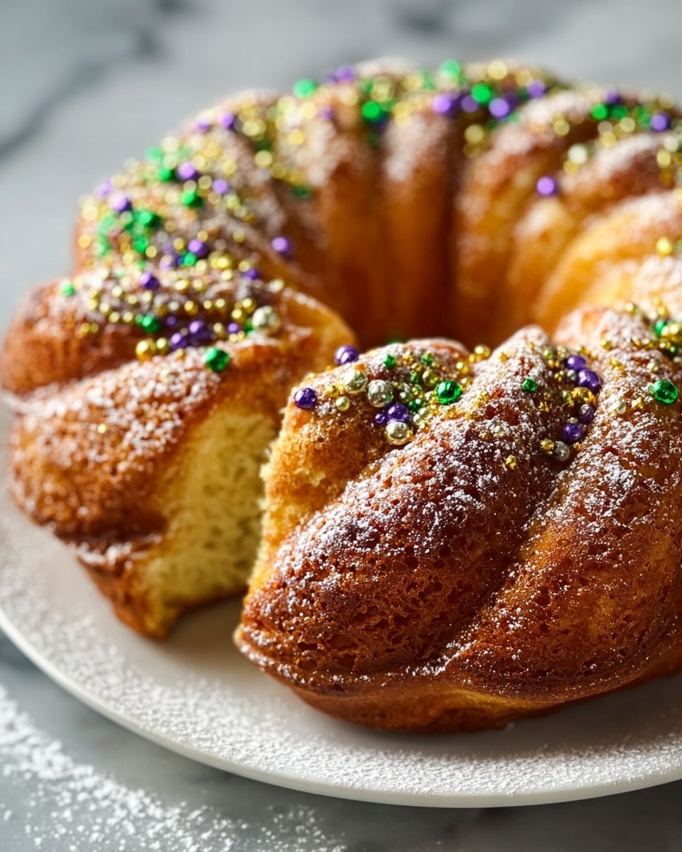 A close-up view of a single round bundt cake with a golden brown textured surface that looks soft and moist, topped with small, colorful green, purple, and gold round sprinkles scattered mainly on the top layer. The cake has a braided design with visible ridges and soft pale yellow inner crumb showing through one bite missing on the lower right side. The cake is placed on a simple white plate resting on a white marbled texture surface with a slight dusting of powdered sugar around the base, creating a light festive effect. Photo taken with an iphone --ar 4:5 --v 7